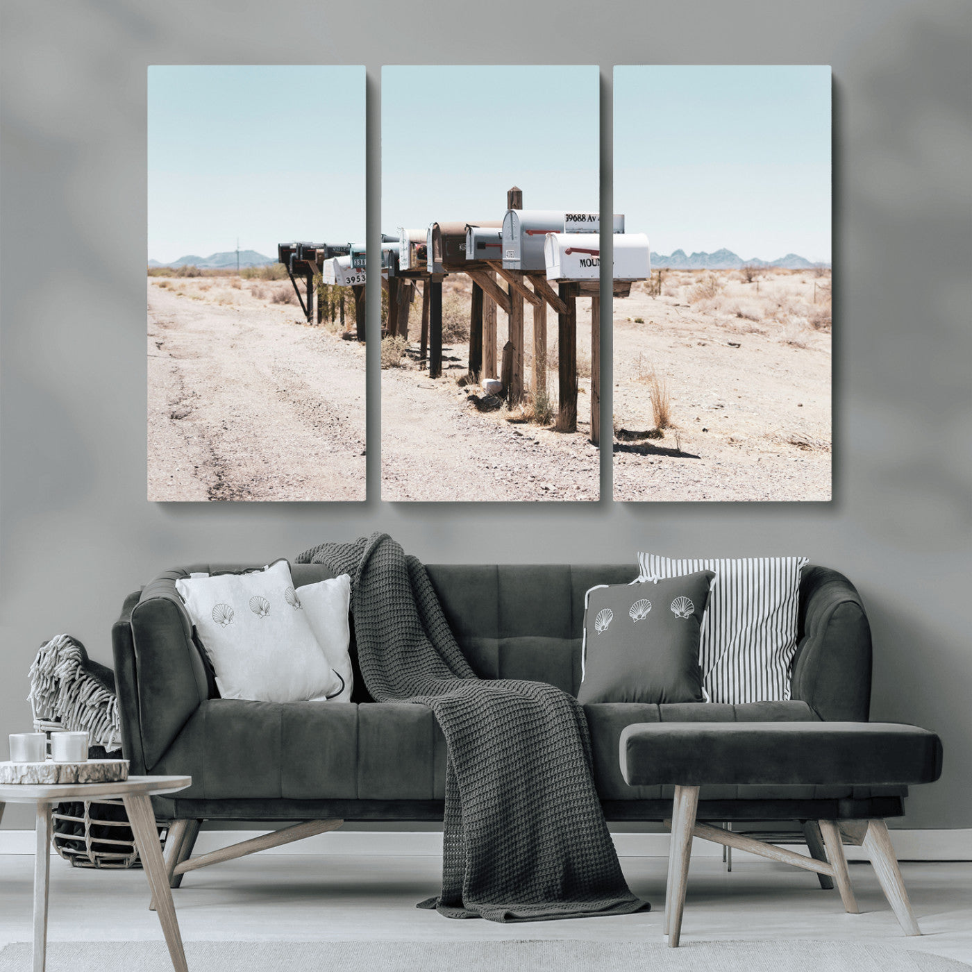 MGV-CV-48X32-3P - Desert Mailboxes Canvas Print – Minimal Western Landscape Photography, Rustic Americana Wall Art for