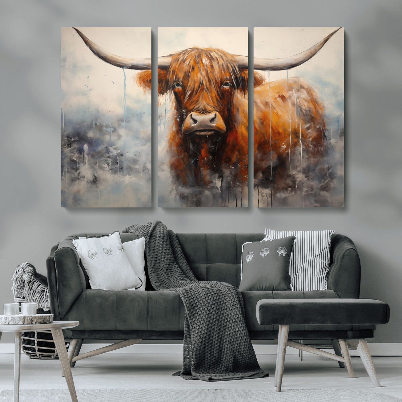 MGV-CV-48X32-3P - Scottish Highland Wall Art Canvas Print, Framed Longhorn Art Picture Print, Western Cow Perfect Farmhouse Decor Artwork