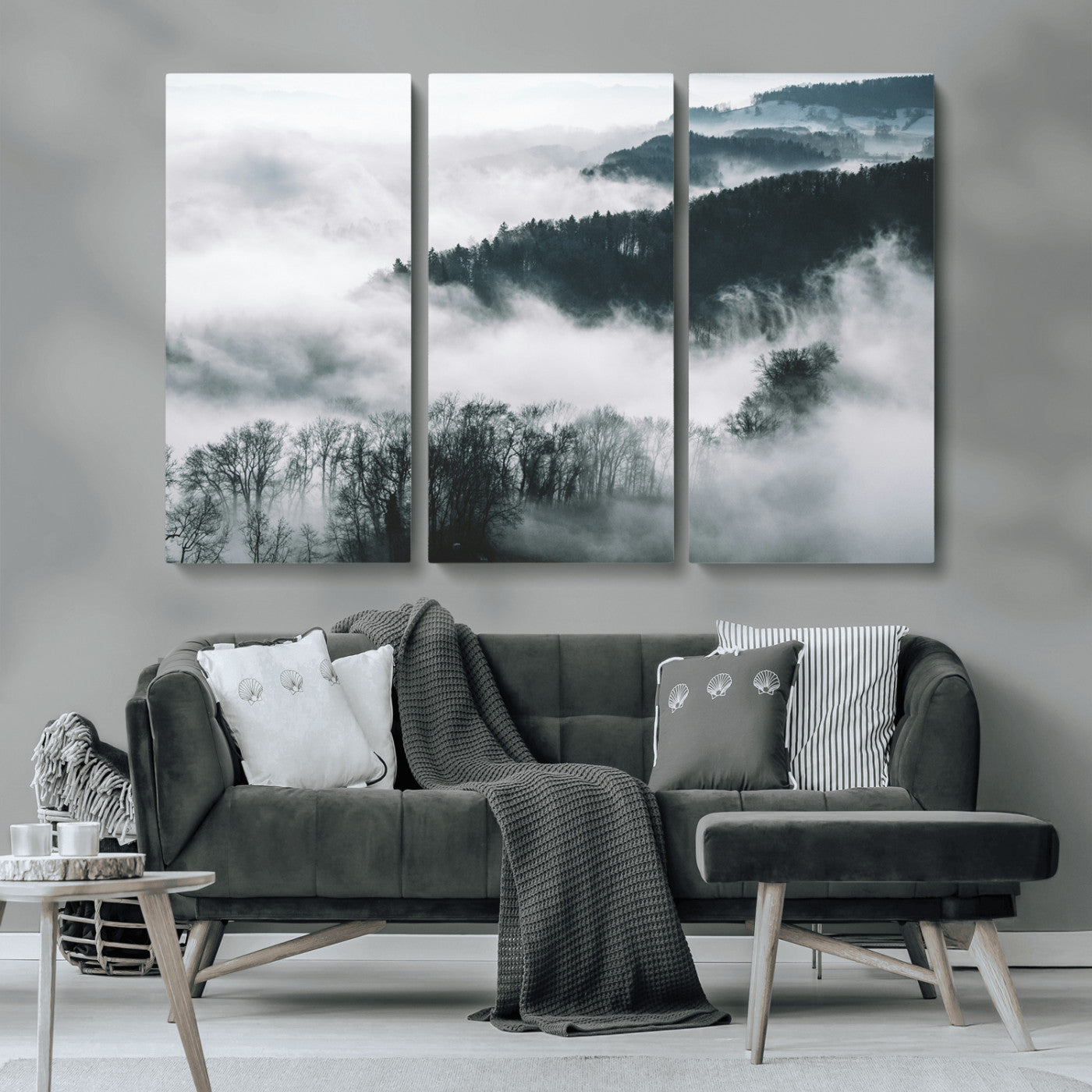 67569654-MGV-CV-36X24-Foggy Forest Landscape Wall Art Canvas Print – Misty Mountain Valley Scene in Monochrome Tones, Perfect for Minimalist or Nordic Home Decor