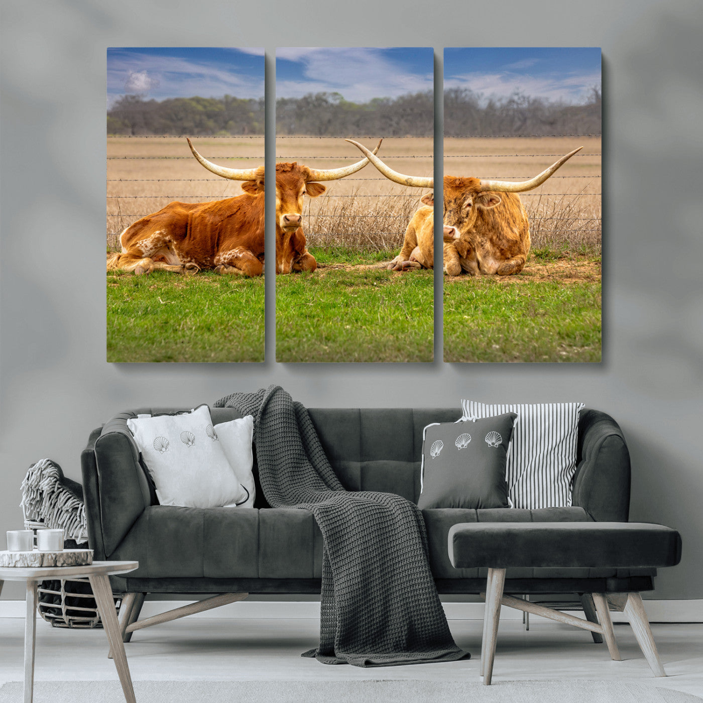 54598515-MGV-CV-36X24-Texas Longhorn Pair Wall Art Canvas Print – Peaceful Rustic Ranch Scene with Two Cattle in Field, Perfect for Western Farmhouse Home Decor