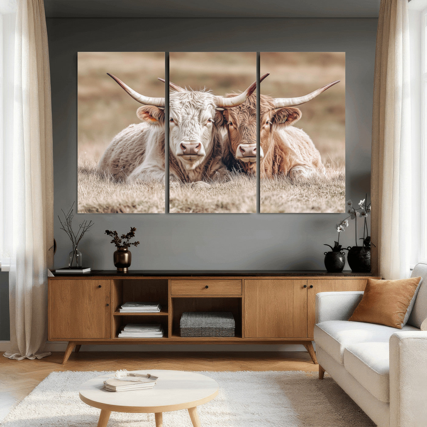 38651722-MGV-CV-36X24 - Highland Cows Meadow Canvas Wall Art – Peaceful Cow Photography Print, Rustic Farmhouse Animal Decor for Country Home, Living Room, Office