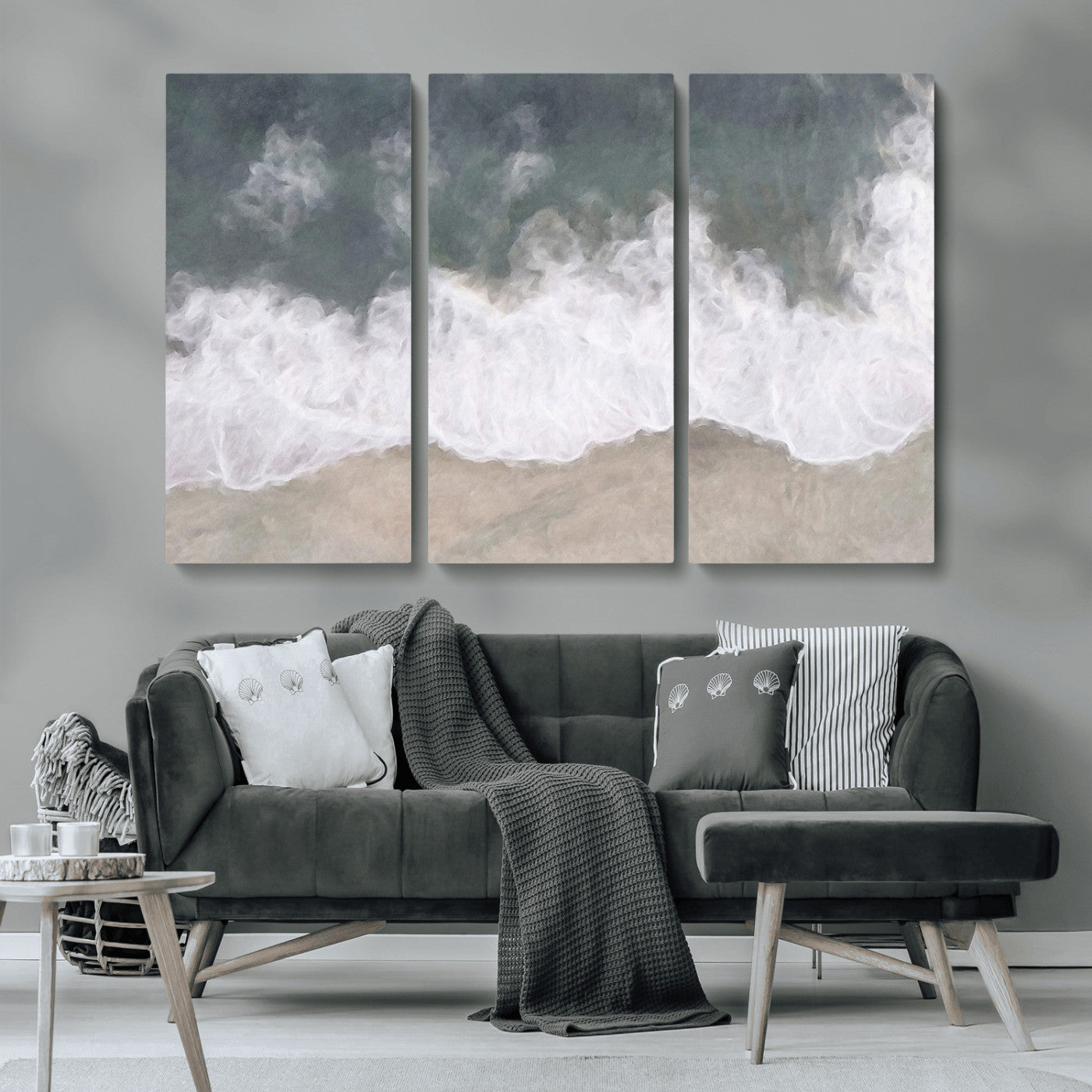 Wall art canvas print featuring foamy ocean waves softly rolling onto a sandy shore with a dreamy, painterly texture.