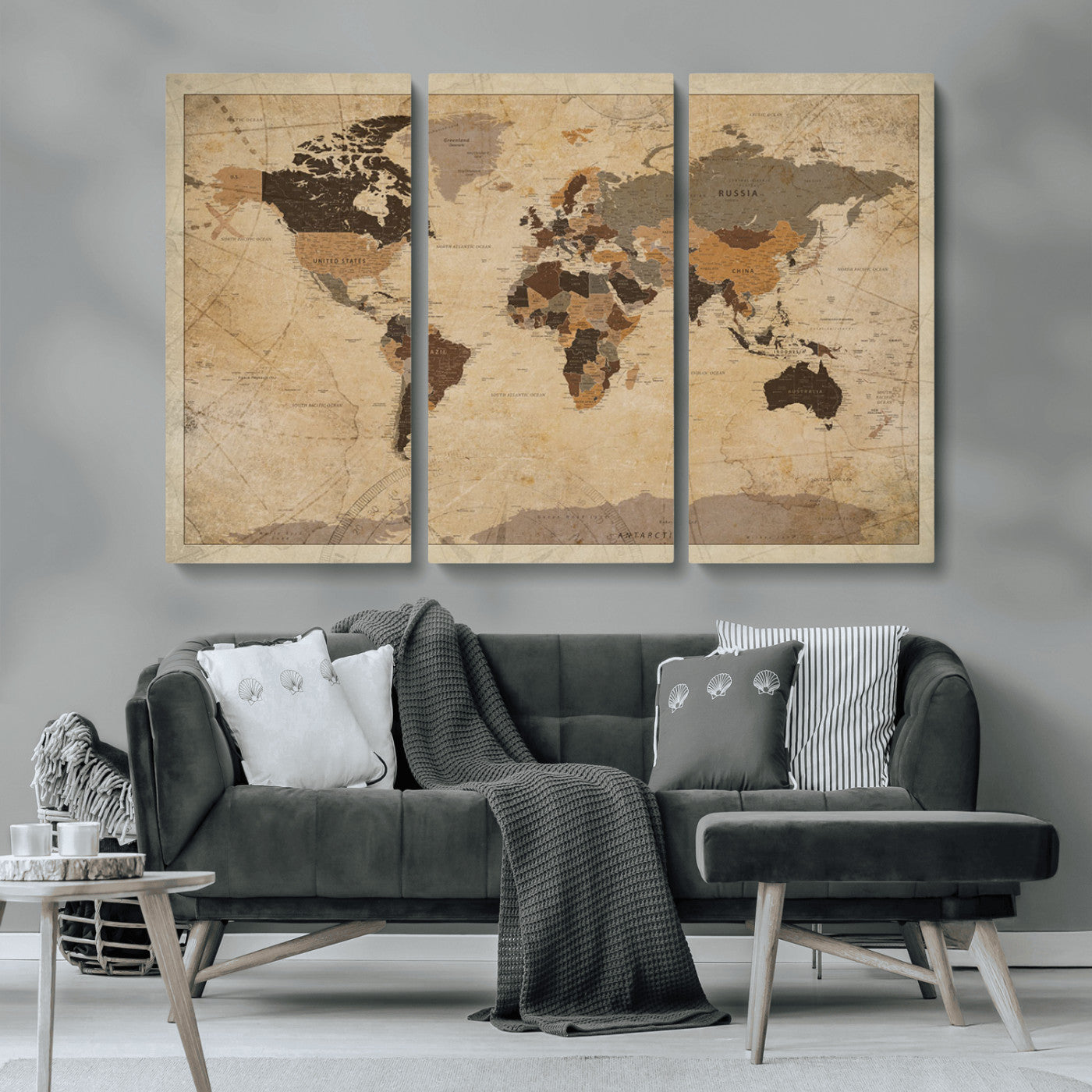 Vintage-style world map with muted brown, beige, and sepia tones, showing countries and continents with a weathered paper texture background.
