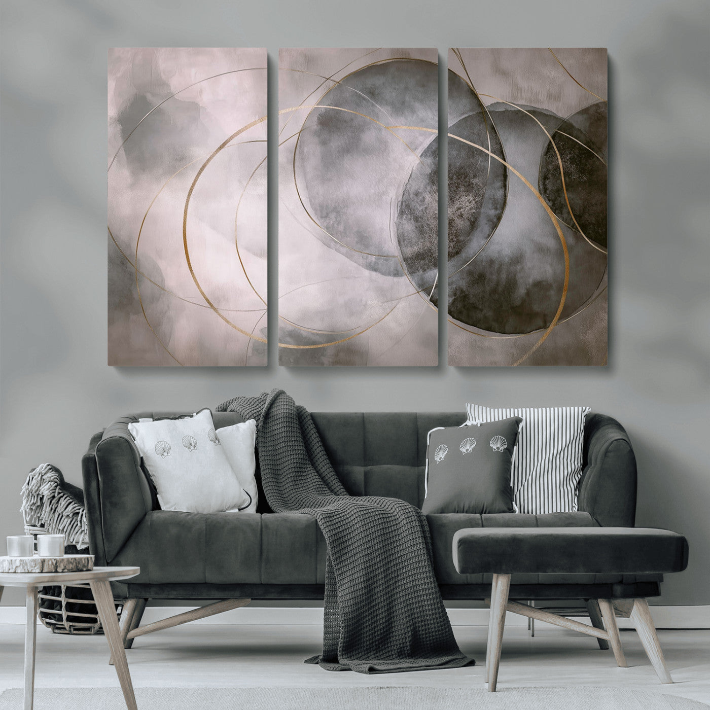 MGV-CV-48X32-3P - Wall Art Canvas Print Abstract Gray Black Gold Circles Soft Texture Modern Minimalist Artistic Home Decor Contemporary Elegant Stylish Unique