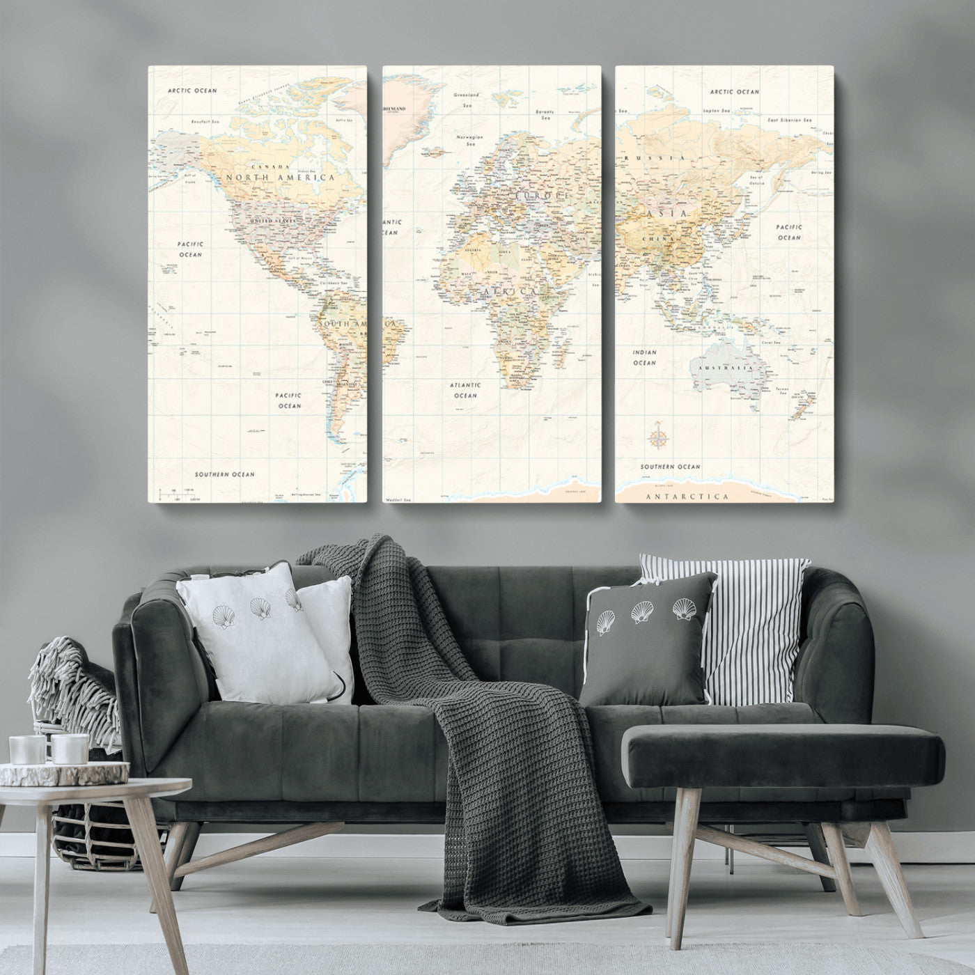 An antique-style world map showing continents, countries, and oceans with soft beige tones, detailed borders, and classic typography, enhanced by a subtle grid overlay and a vintage compass rose.