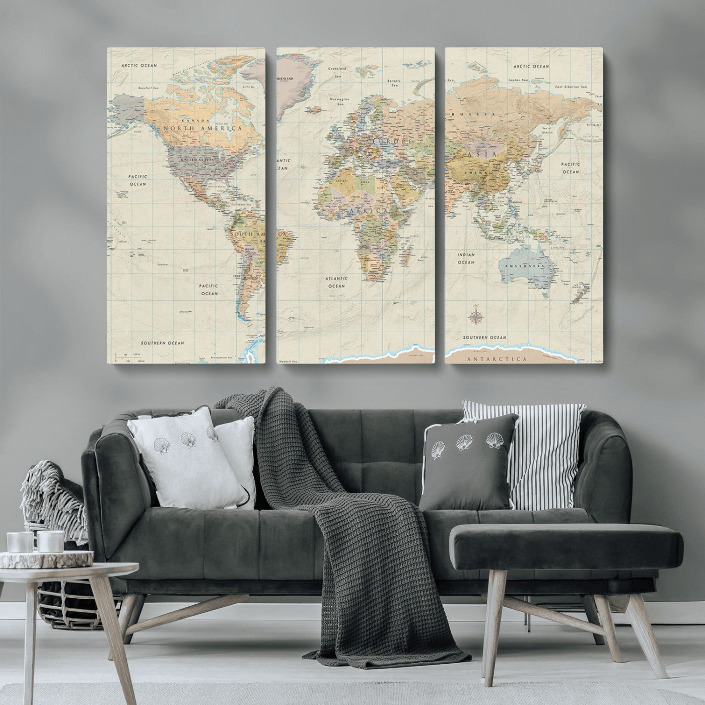A detailed vintage-style political world map displaying continents, countries, and oceans with clear borders and labels, set on a beige textured background with grid lines.