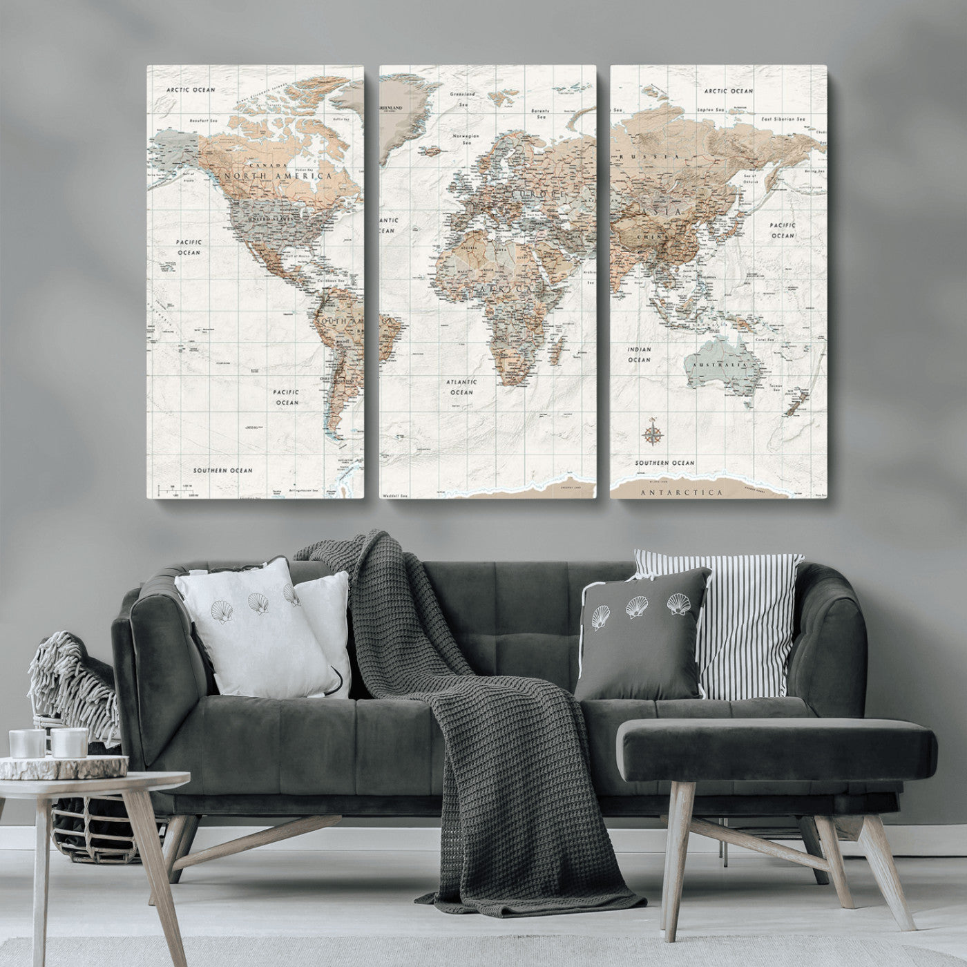 Vintage world map with detailed country borders and labels, featuring soft earthy tones of beige, brown, and gray on a textured parchment background, including oceans, continents, and major cities.