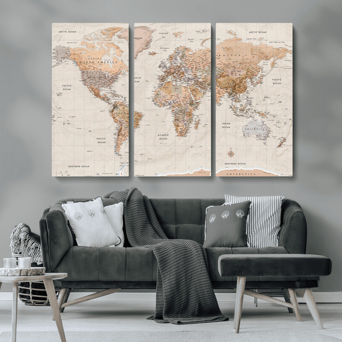 Detailed vintage world map with warm earth tones showing country borders, oceans, continents, and major cities, styled with a textured parchment background.