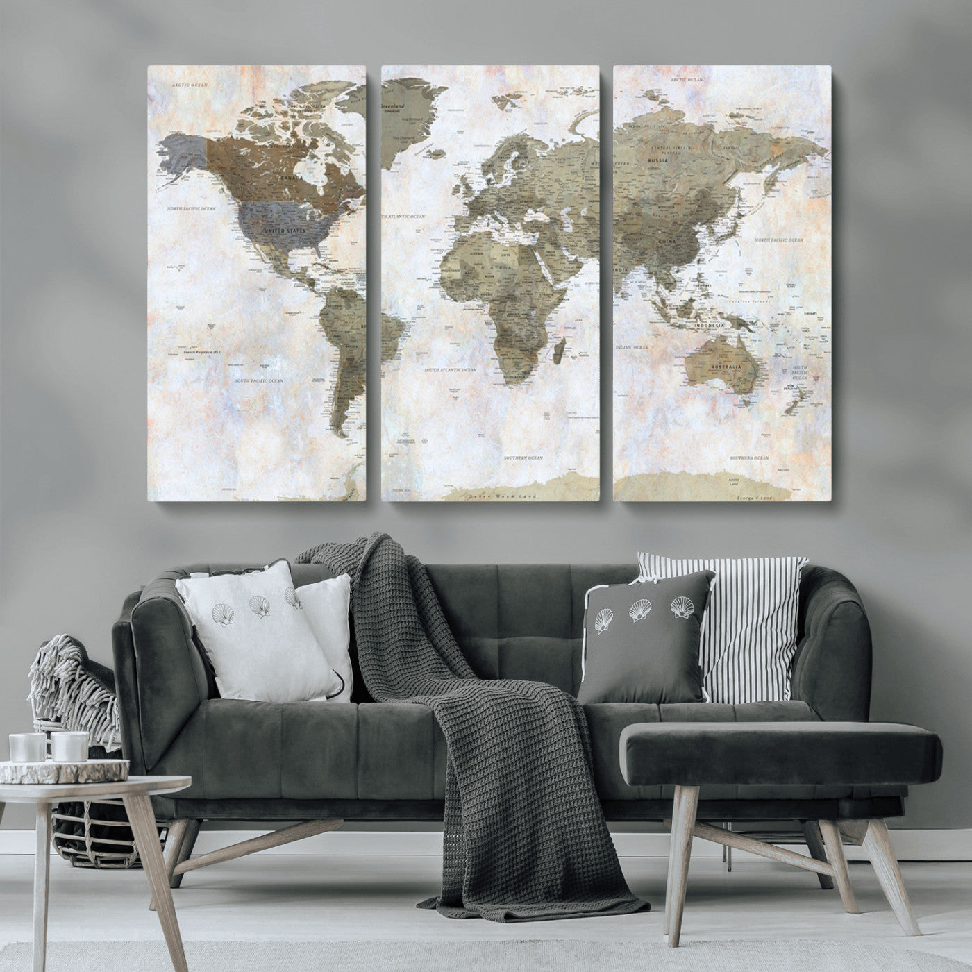 World map printed on a textured canvas with soft muted earth tones and a weathered background, showing detailed countries and continents, perfect for vintage-style wall art.