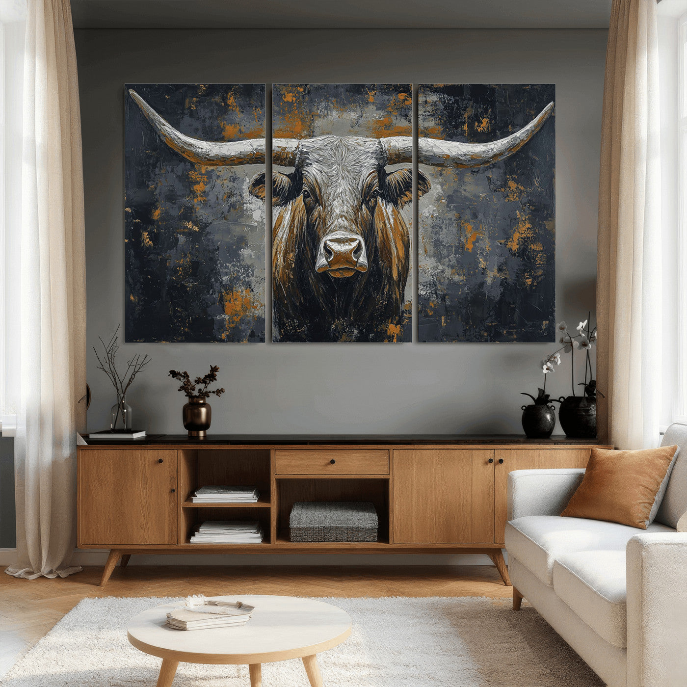 73972561-MGV-CV-36X24 - Bold Bull Wall Art Canvas – Striking Portrait with Wide Horns and Rich Brown Hues, Rustic Farmhouse and Western Decor for Home Room