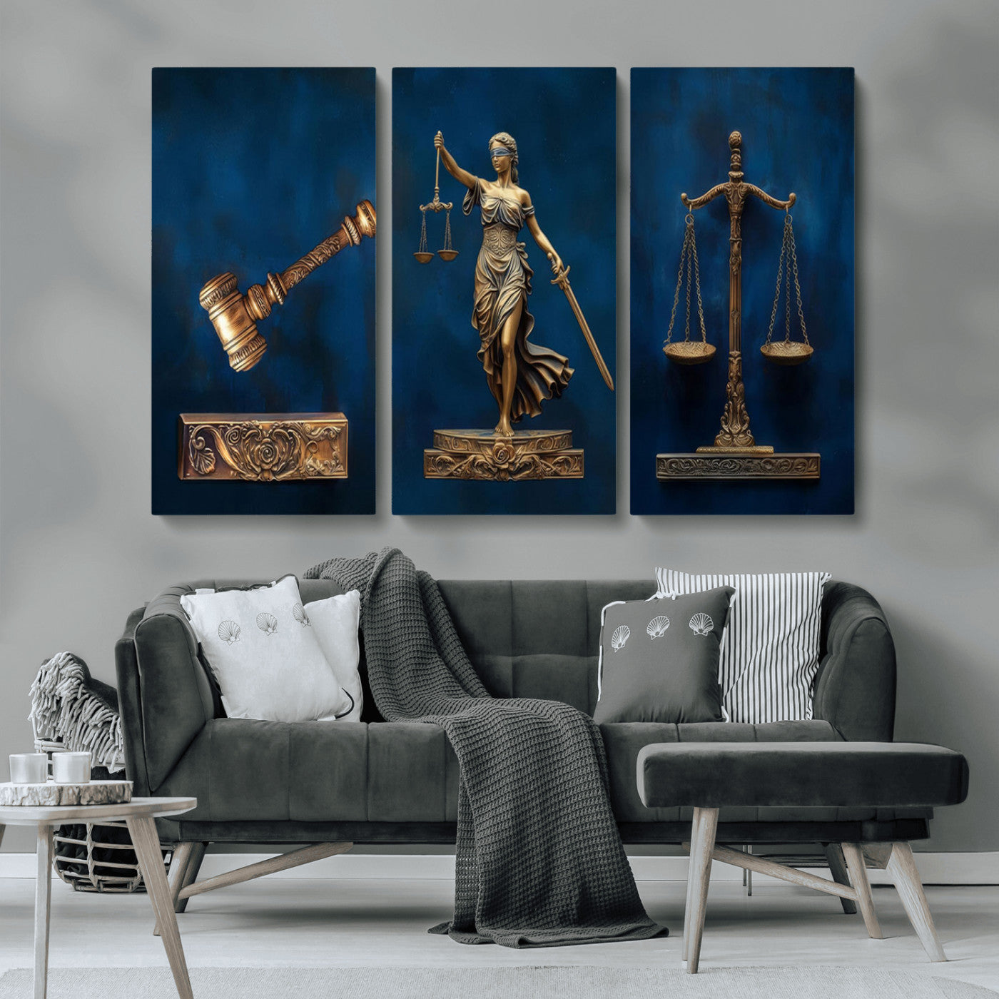 MGV-CV-48X32-3P - Lady Justice Wall Art Canvas Print – Elegant Gold Legal Symbols on Blue Background, Perfect for Law