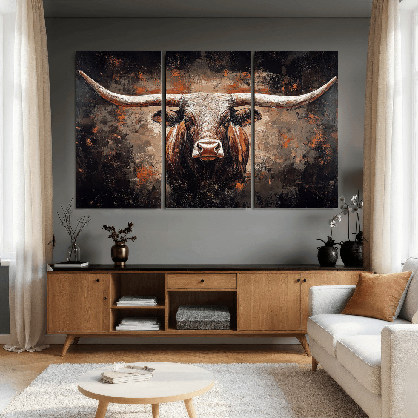 24779067-MGV-CV-36X24 - Rustic Longhorn Bull Wall Art Canvas Print – Vintage Western Cattle Painting, Texas Steer Artwork