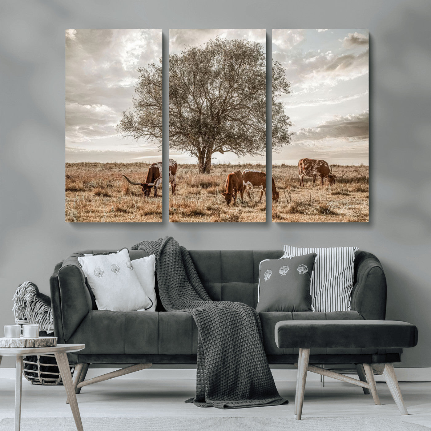 Texas Longhorn Cattle Wall Art Canvas Print – Rustic Western Ranch Scene with Steers at Sunset, Perfect for Farmhouse or Cowboy Decor