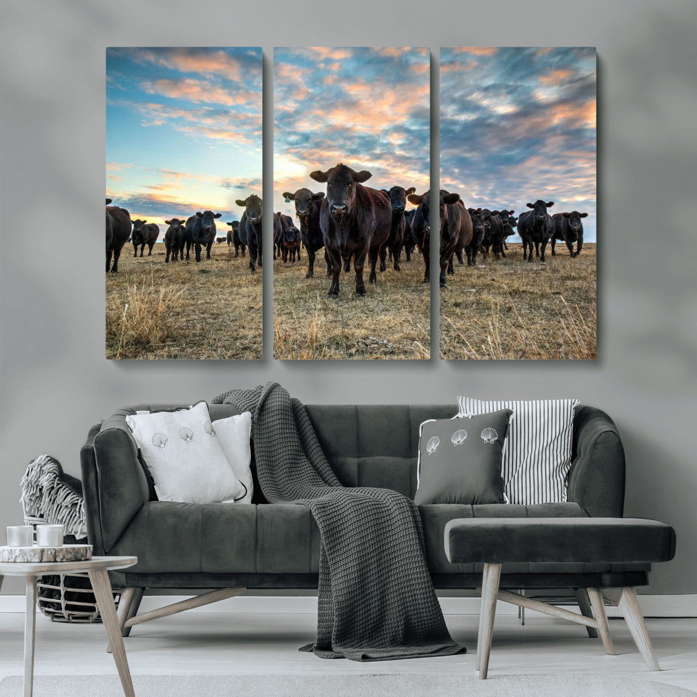 13867292-MGV-CV-36X24-Texas Longhorn Cattle Wall Art Canvas Print – Rustic Western Ranch Scene with Steers at Sunset, Perfect for Farmhouse or Cowboy Decor