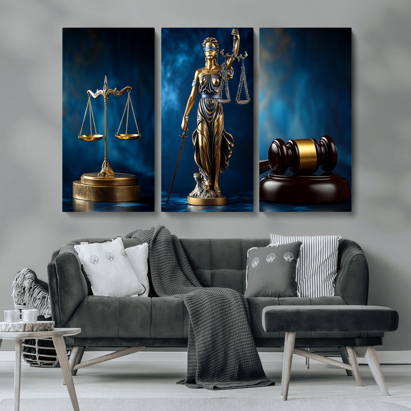 MGV-CV-48X32-3P - Lady Justice Wall Art Canvas Print – Elegant Gold Legal Symbols on Blue Background, Perfect for Law