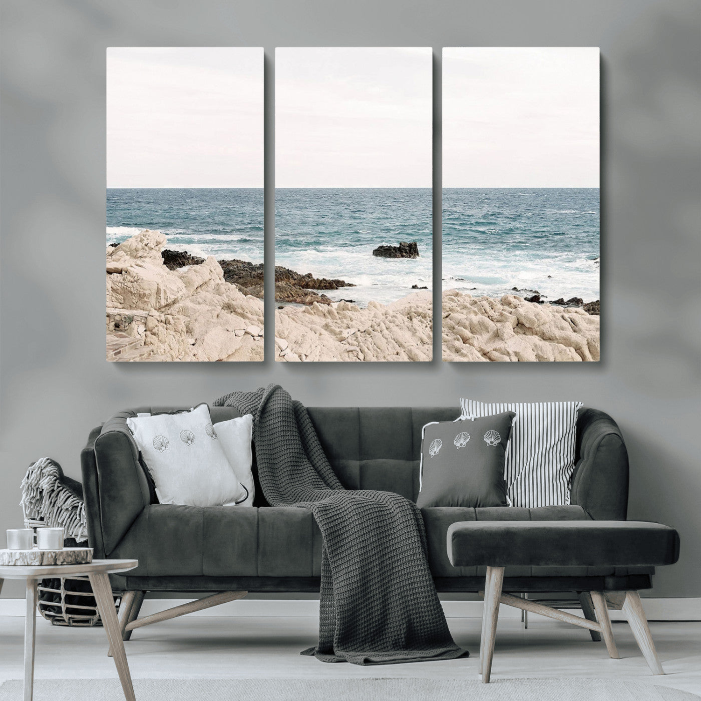 Coastal Ocean View Wall Art Canvas Print – Serene Rocky Shoreline and Blue Sea Photography for Coastal Chic or Minimalist Home Decor