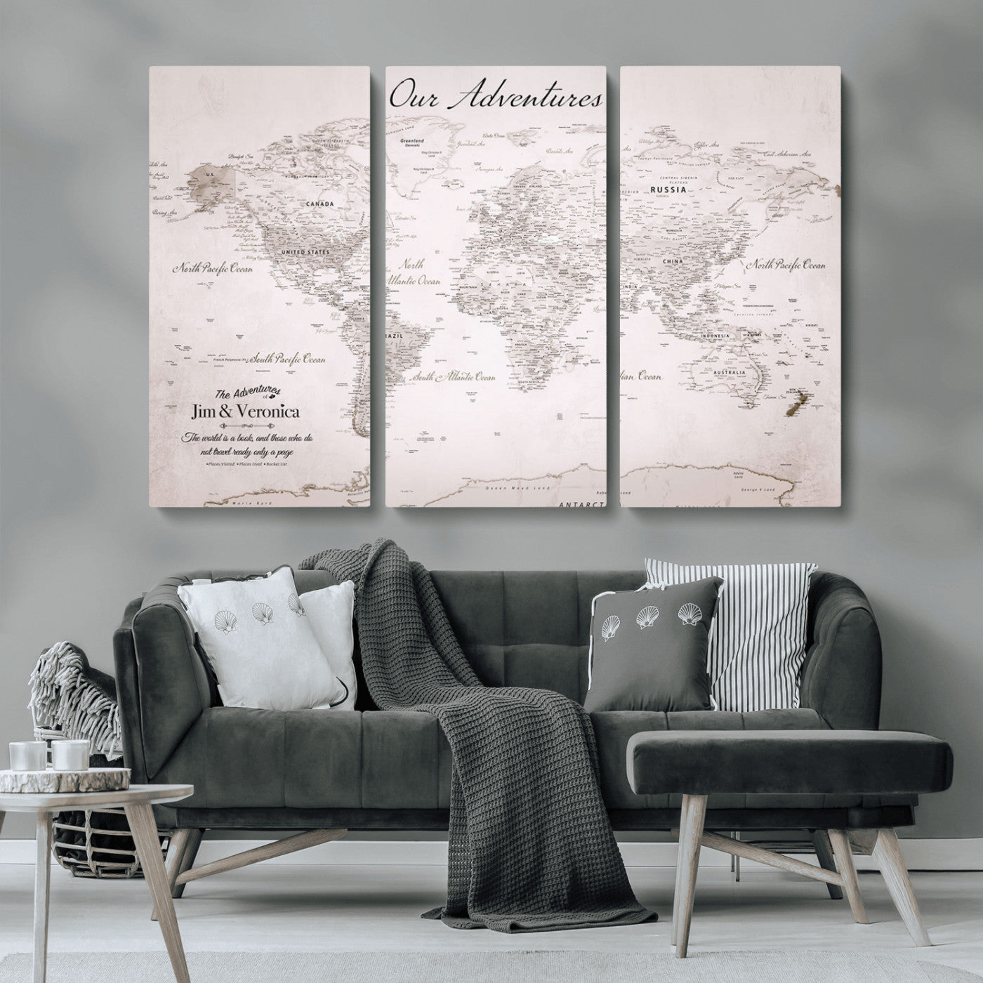 Customize Push Pin World Map Wall Canvas Print – Personalized Travel Map with Foam Pins – Framed Custom Quotie Canvas for Home Office Decor