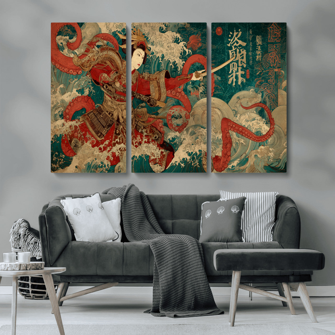 MGV-CV-48X32-3P - Tsukioka Yoshitoshi Samurai Wall Art Print, Japanese Katana Warrior Canvas Wall Art, Octopus Sea Monster Canvas Print,