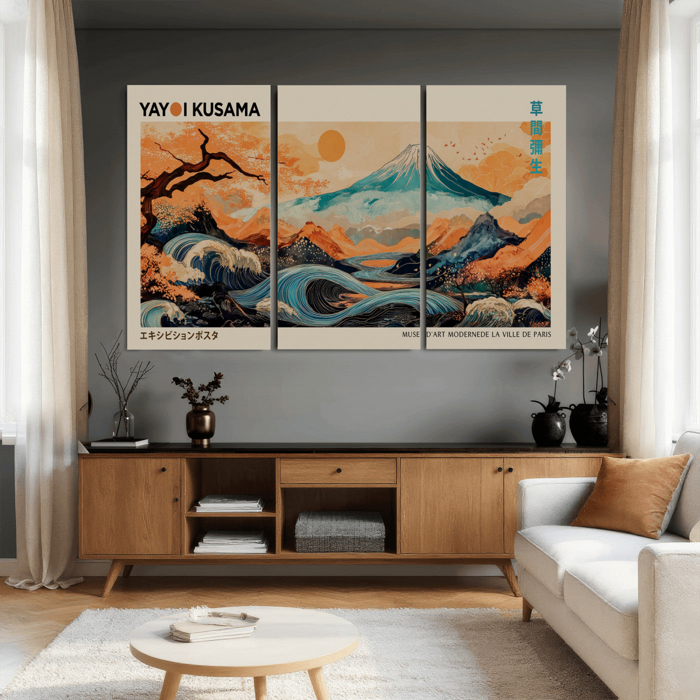 94085549-MGV-CV-36X24 - Yayoi Kusama Japanese Landscape Wall Art Canvas Print – Modern Abstract Mount Fuji Wall Art - Japanese Waves & Autumn Trees Print