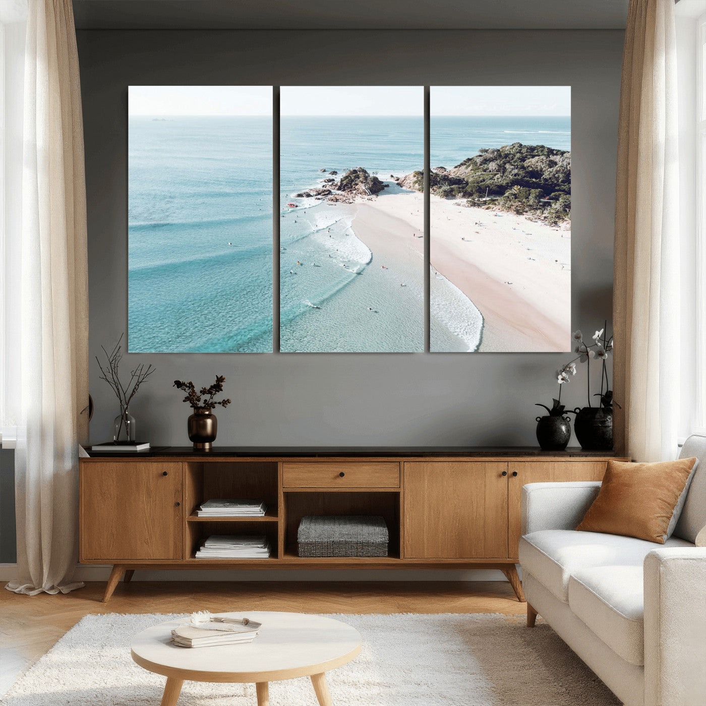 79395467-MGV-CV-36X24 - Aerial Beach Wall Art Canvas Print, Coastal Ocean Waves and Surfers Scenic Seaside Artwork for Home, Office Decor