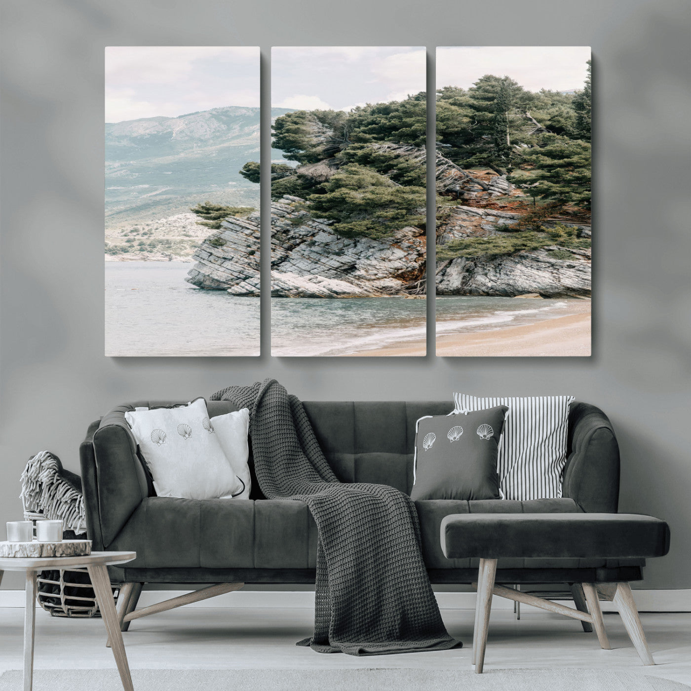 MGV-CV-48X32-3P - Coastal Rock Canvas Wall Art Print, Scenic Beach Landscape, Pine Trees on Rocky Cliff, Large Nature