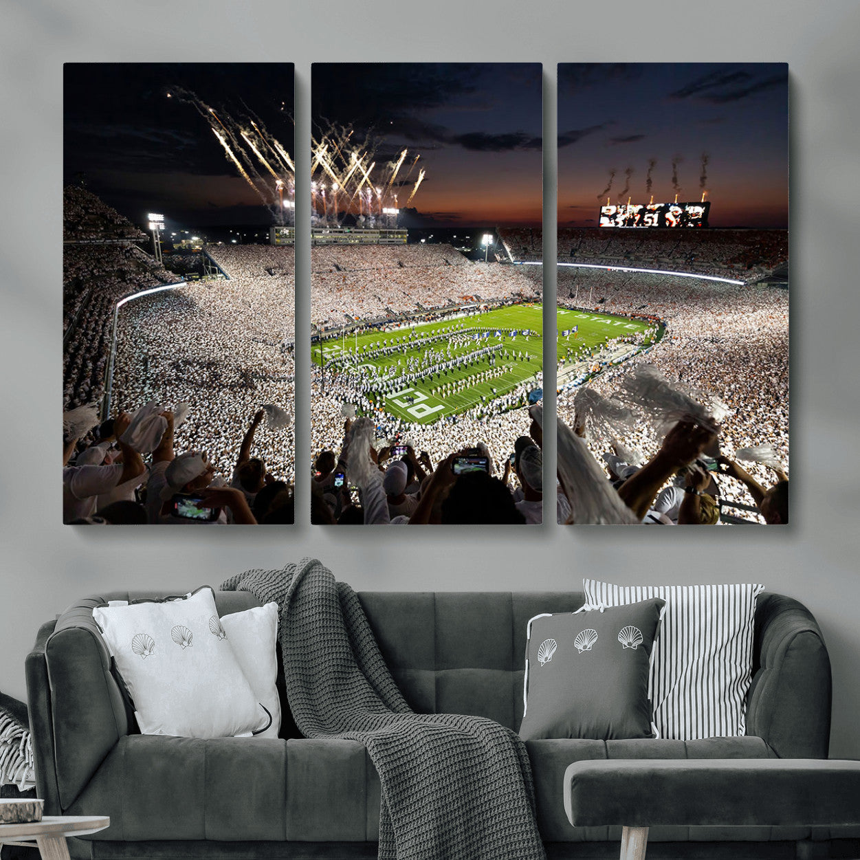 11221988-MGV-CV-48X32-3P - Epic Night Football Stadium Wall Art Canvas Print, Fireworks and Crowd Energy Game Day Excitement Decor for Home, Office