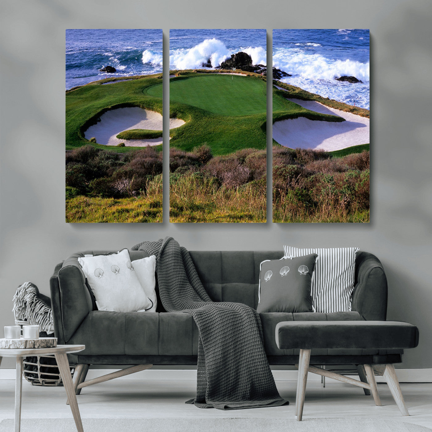 22776914-MGV-CV-36X24-Ocean Cliff Golf Green Canvas Print – Framed Majestic Coastal Scene with Lush Green Artwork for Home, Office