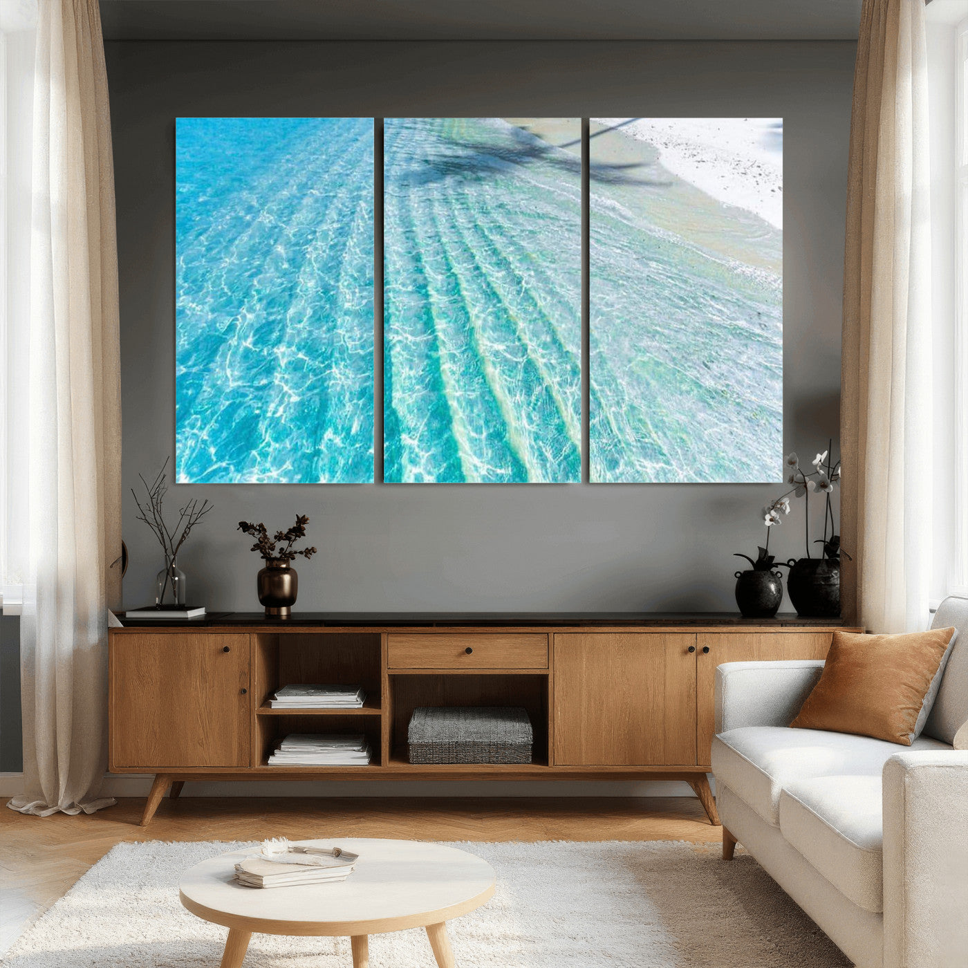 46233906-MGV-CV-36X24 - Serene Clear Blue Ocean Water Canvas Wall Art – Soft White Sand Shore Coastal Print for Home Decor, Relaxation, and Tranquil Vibes