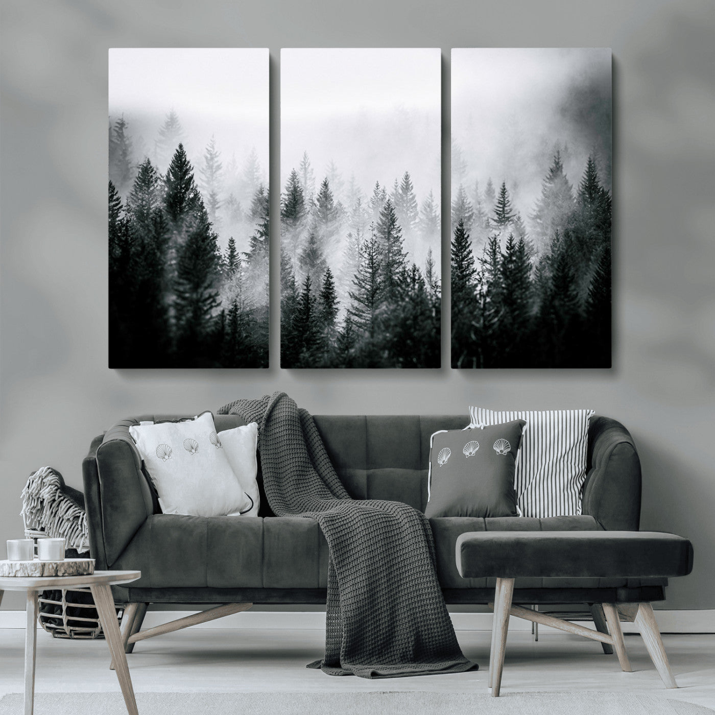 MGV-CV-48X32-3P - Foggy Pine Forest Canvas Wall Art – Black and White Nature Landscape Print, Horizontal Canvas for