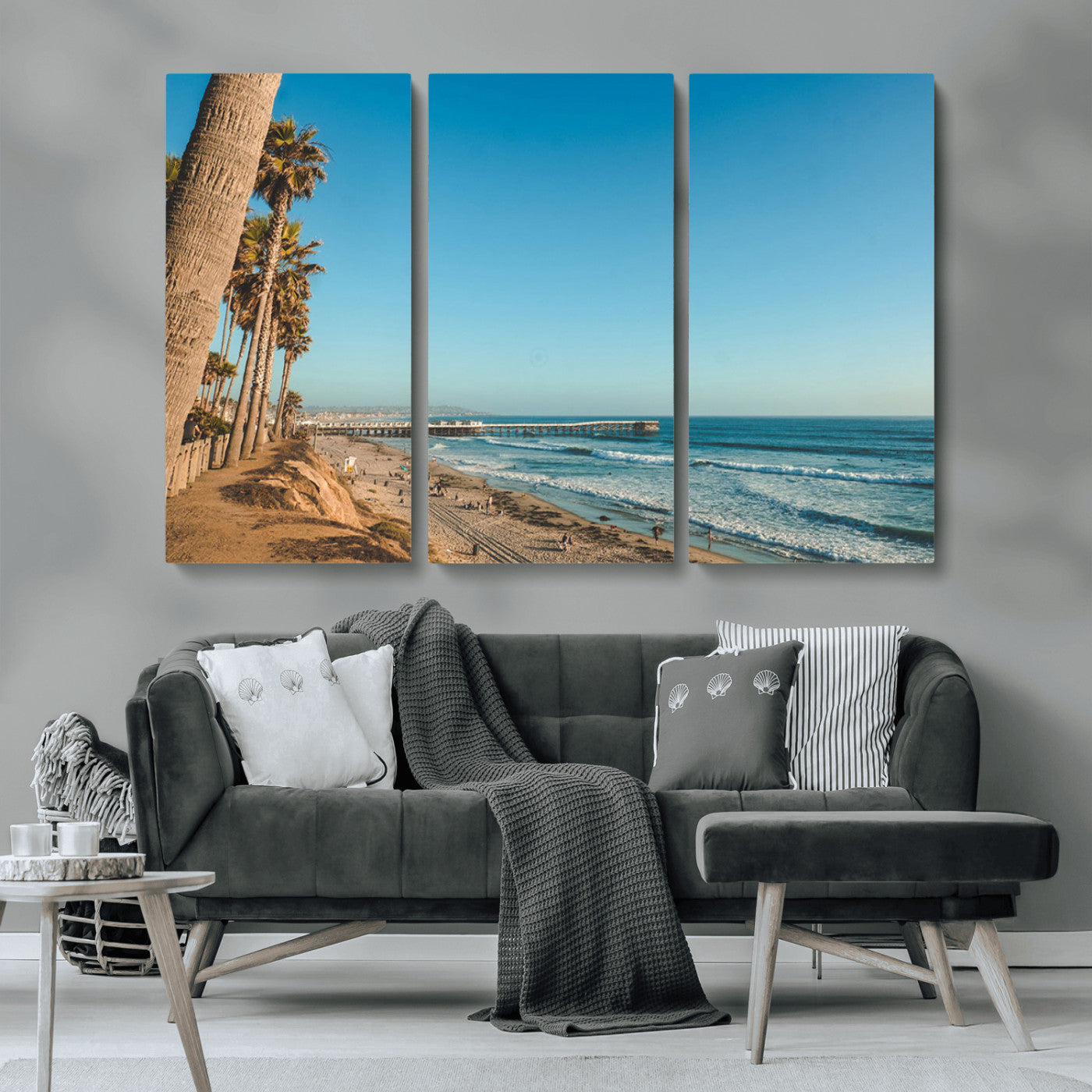 MGV-CV-48X32-3P - Scenic Beach with Tall Palm Trees, Sandy Shore, and Long Pier Stretching into the Calm Ocean Under
