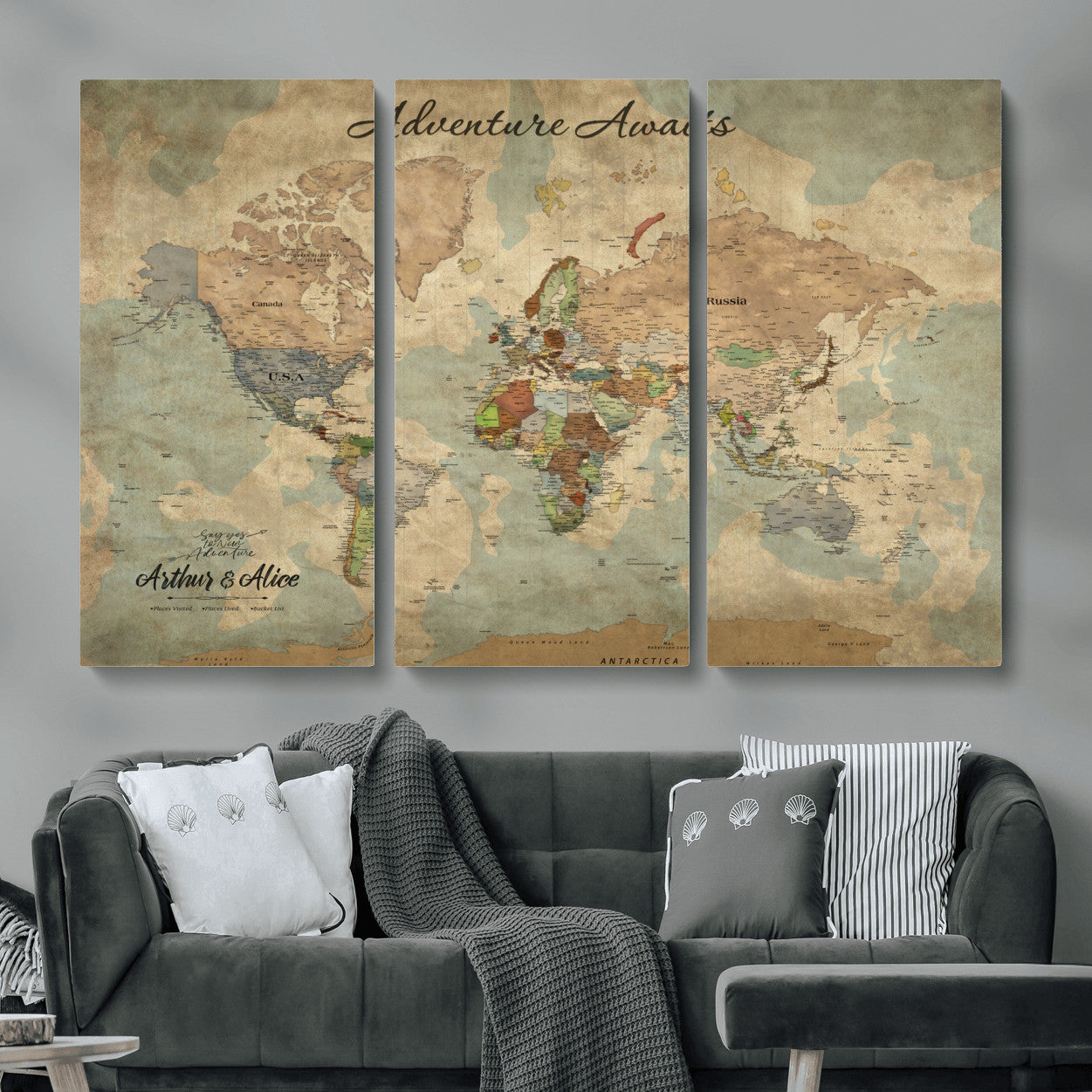 MGV-CV-48X32-3P - Personalized World Map Wall Art Canvas Print – Custom Push Pin Travel Map for Couples, Families, or Office Décor