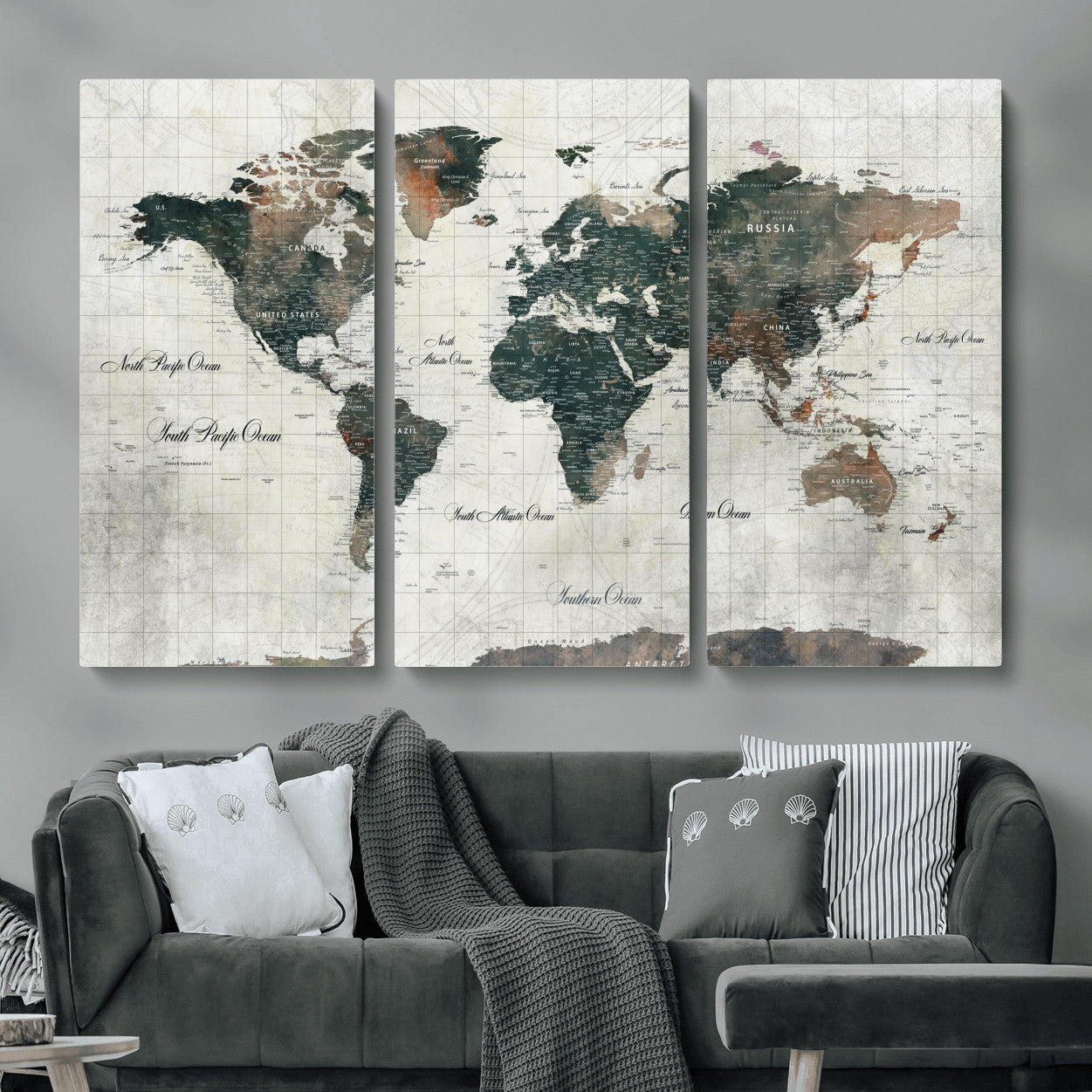 90149079-MGV-CV-48X32-3P - World Map Wall Art Canvas Print, Modern Decorative Framed Map Artwork Prints for Living Room, Office, Bedroom Wall Decor
