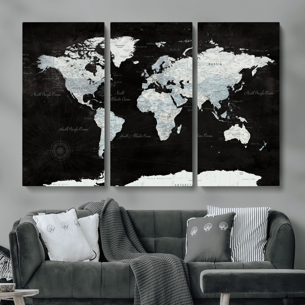 30759283-MGV-CV-48X32-3P - World Map Wall Art Canvas Print, Modern Decorative Framed Map Artwork Prints for Living Room, Office, Bedroom Wall Decor