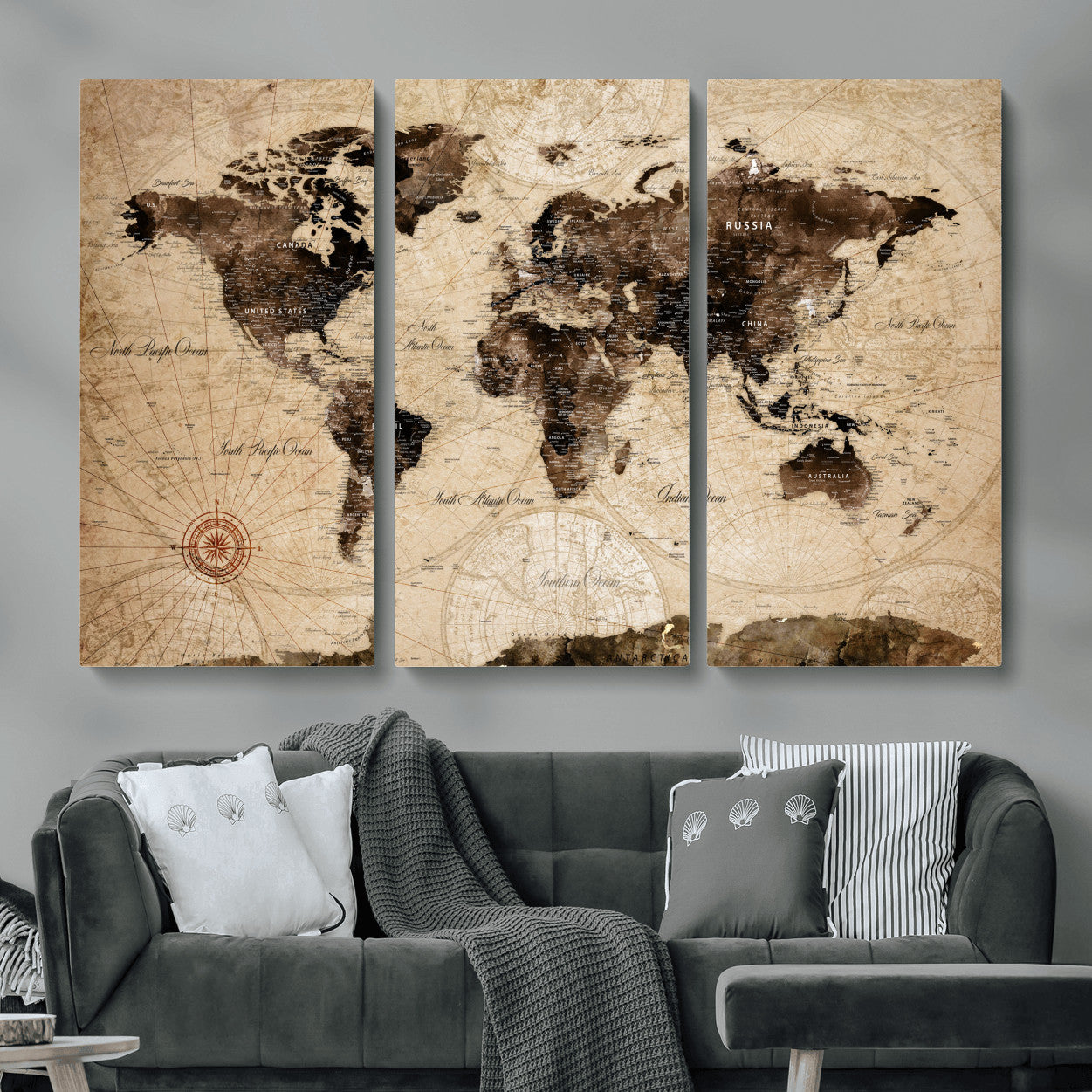 97114757-MGV-CV-48X32-3P - Vintage World Map Wall Art Canvas Print, Modern Decorative Framed Map Artwork Prints for Living Room, Office, Bedroom Wall Decor