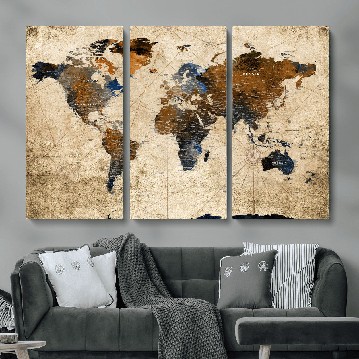 56297284-MGV-CV-48X32-3P - World Map Wall Art Canvas Print, Modern Decorative Framed Map Artwork Prints for Living Room, Office, Bedroom Wall Decor