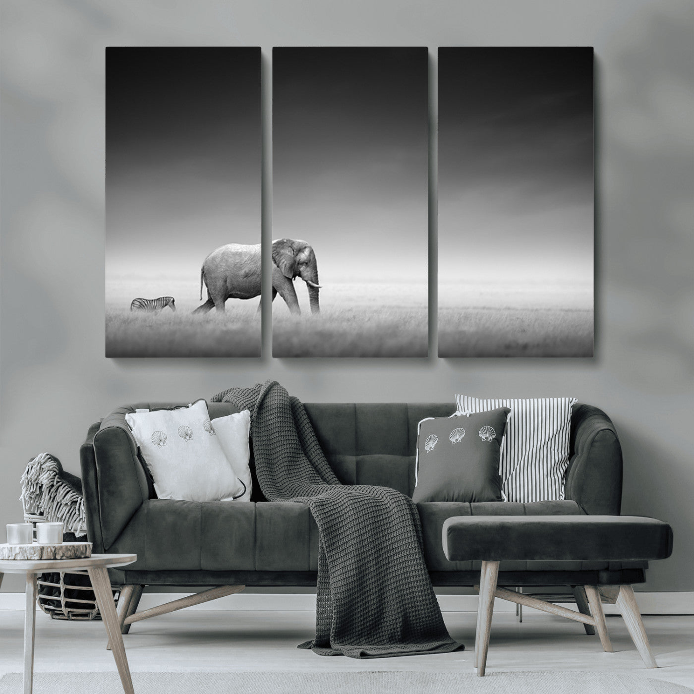 MGV-CV-48X32-3P - Elephand and Zebra Wall Art Canvas Print, Modern Artwork