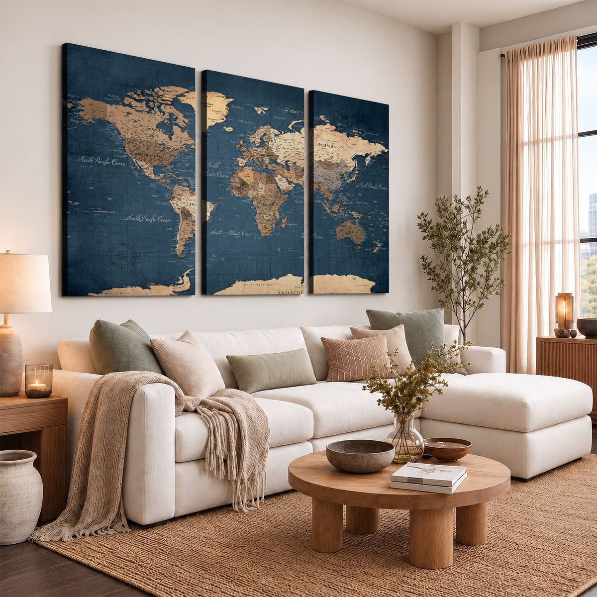 69886352-MGV-CV-36X24 - World Map Wall Art Canvas Print, Modern Decorative Framed Map Artwork Prints for Living Room, Office, Bedroom Wall Decor