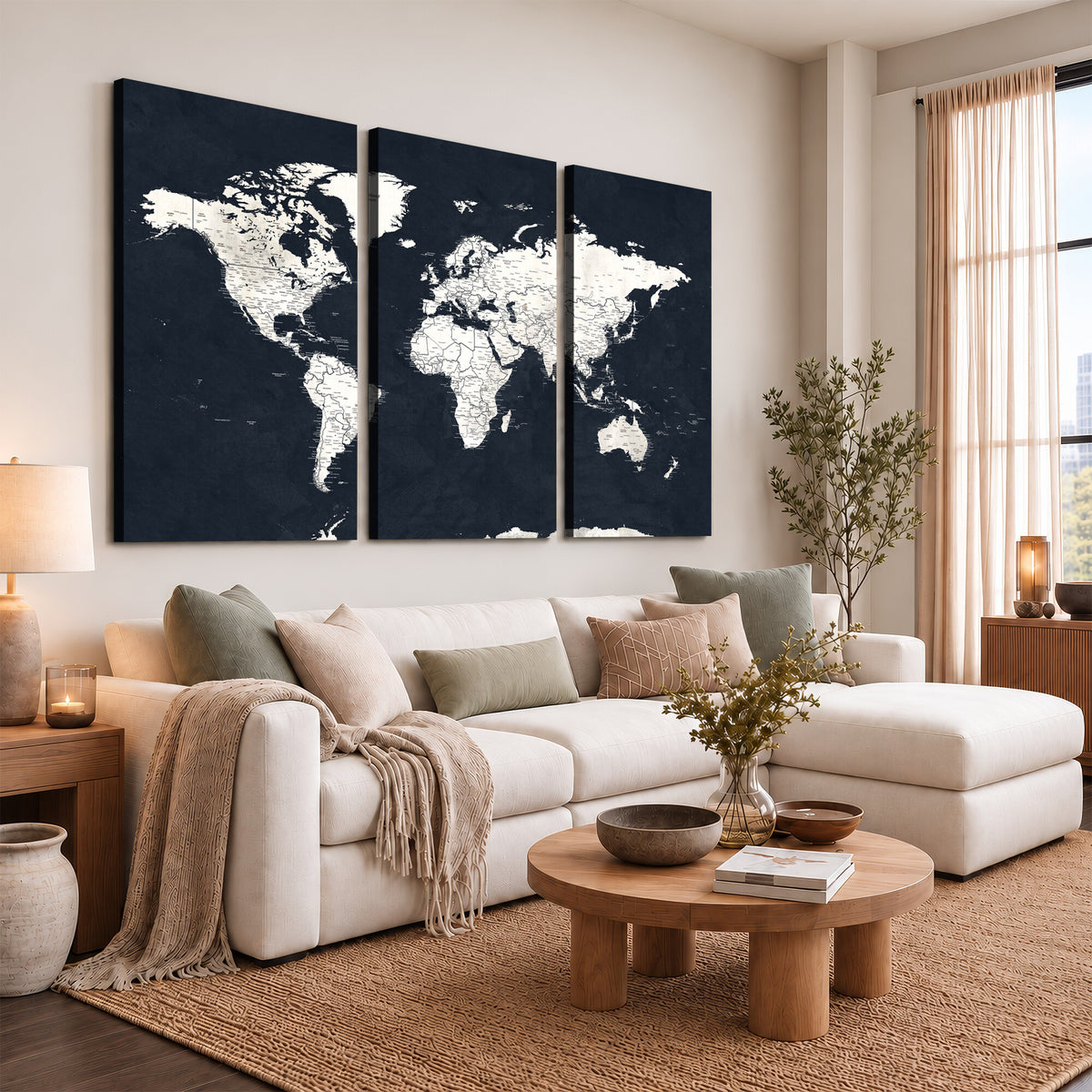 11963807-MGV-CV-36X24 - Black World Map Wall Art Canvas Print for Home Office and Meeting Room Decor