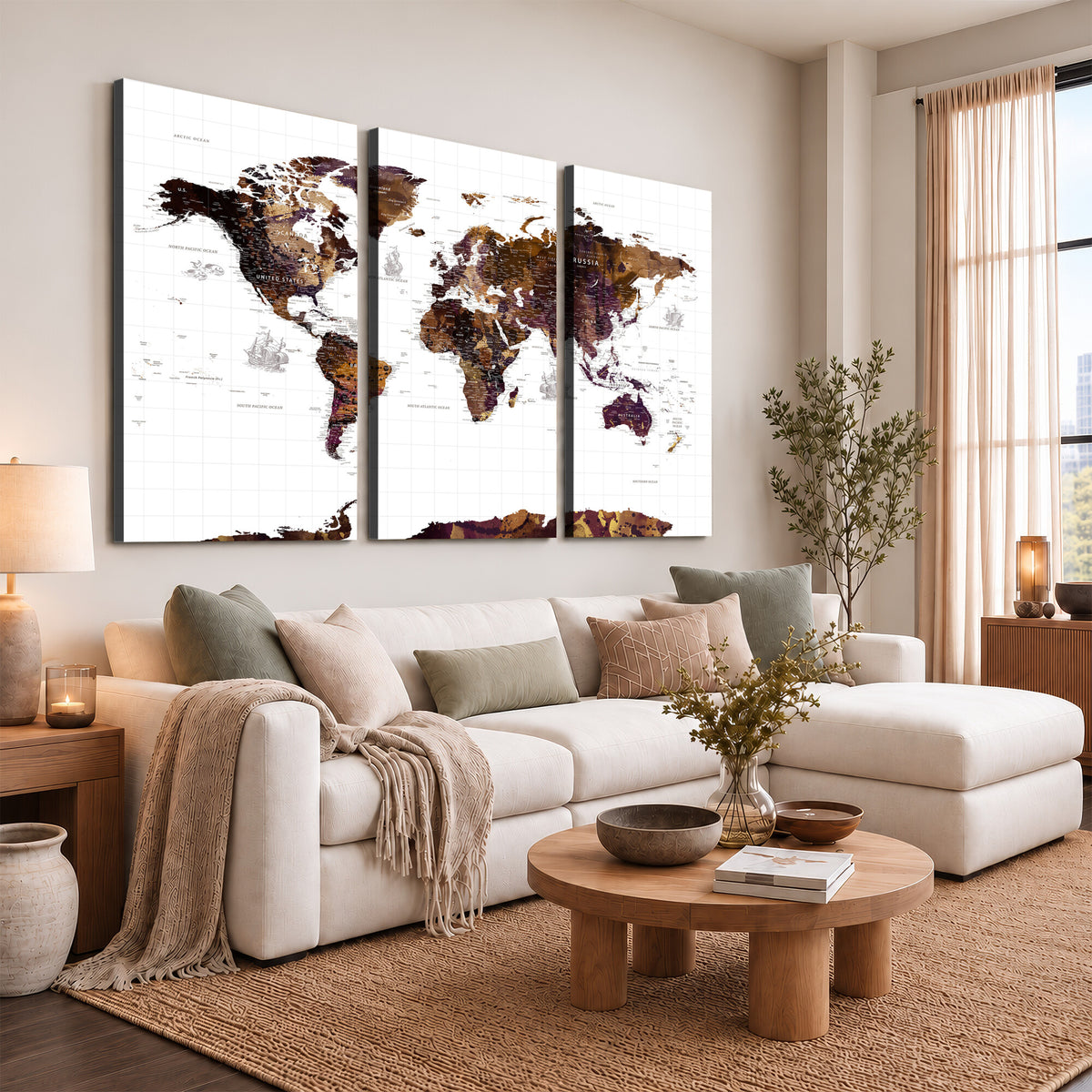 34792695-MGV-CV-36X24 - Rustic World Map Wall Art Canvas Print | Large Vintage Blue World Map on Wood Grain Style Background