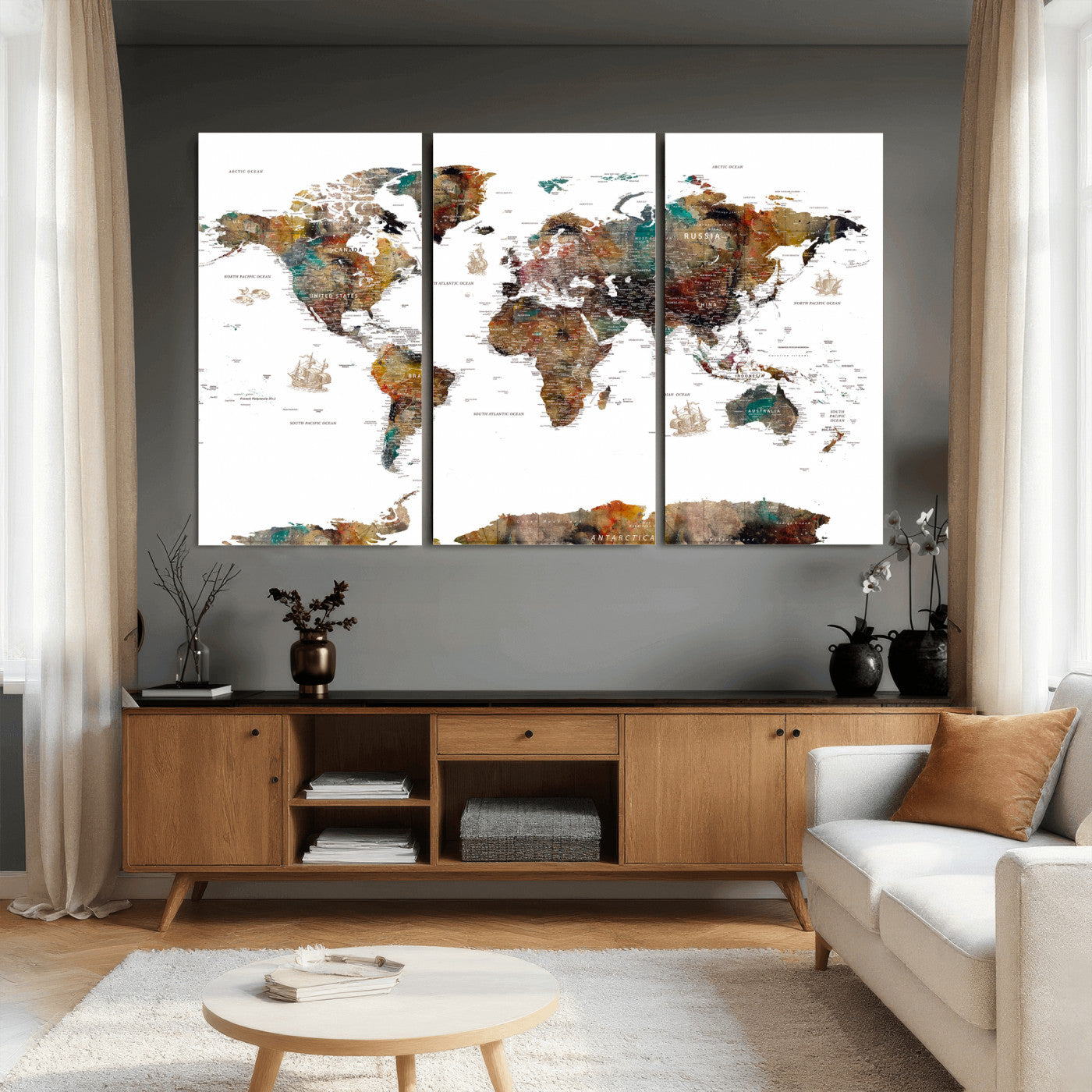 82293175-MGV-CV-36X24 - World Map Wall Art Canvas Print, Modern Decorative Framed Map Artwork Prints for Living Room, Office, Bedroom Wall Decor