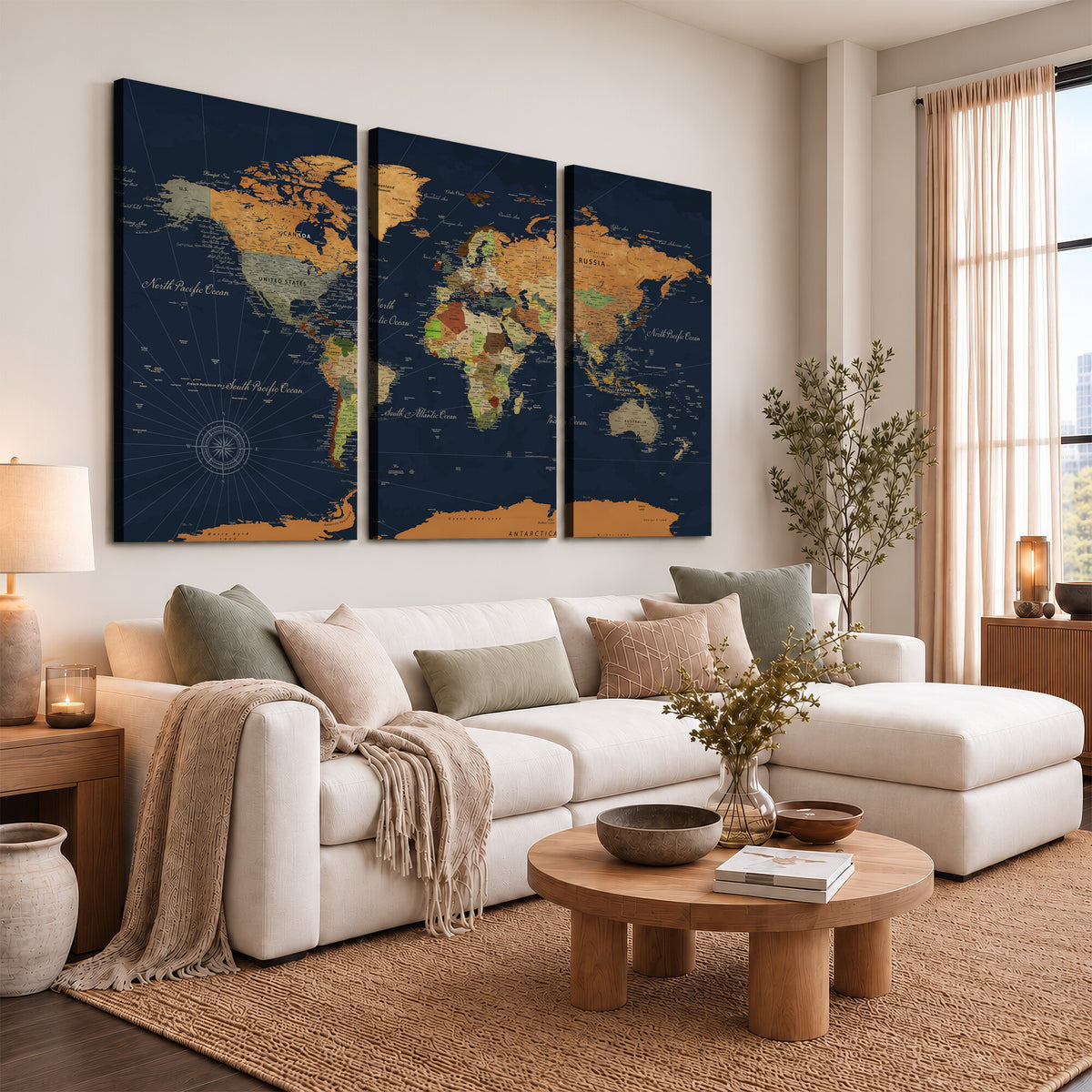 11715182-MGV-CV-36X24 - Modern World Map Canvas Print, Framed Detailed Map of the World Wall Art