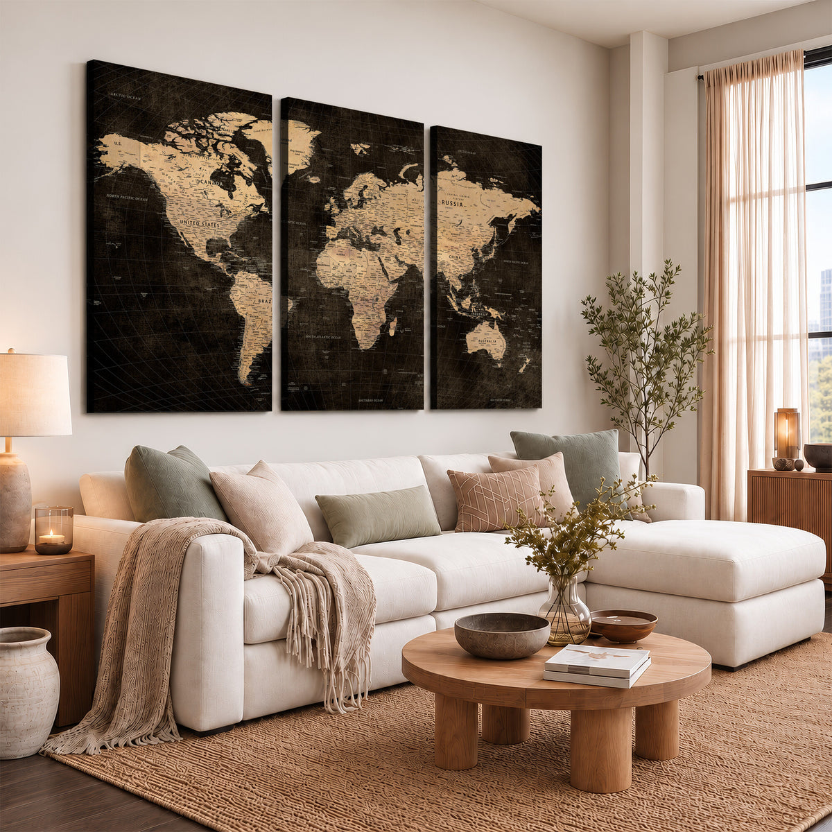 15118265-MGV-CV-36X24 - Brown World Map Canvas Print | Modern Travel Map Wall Art