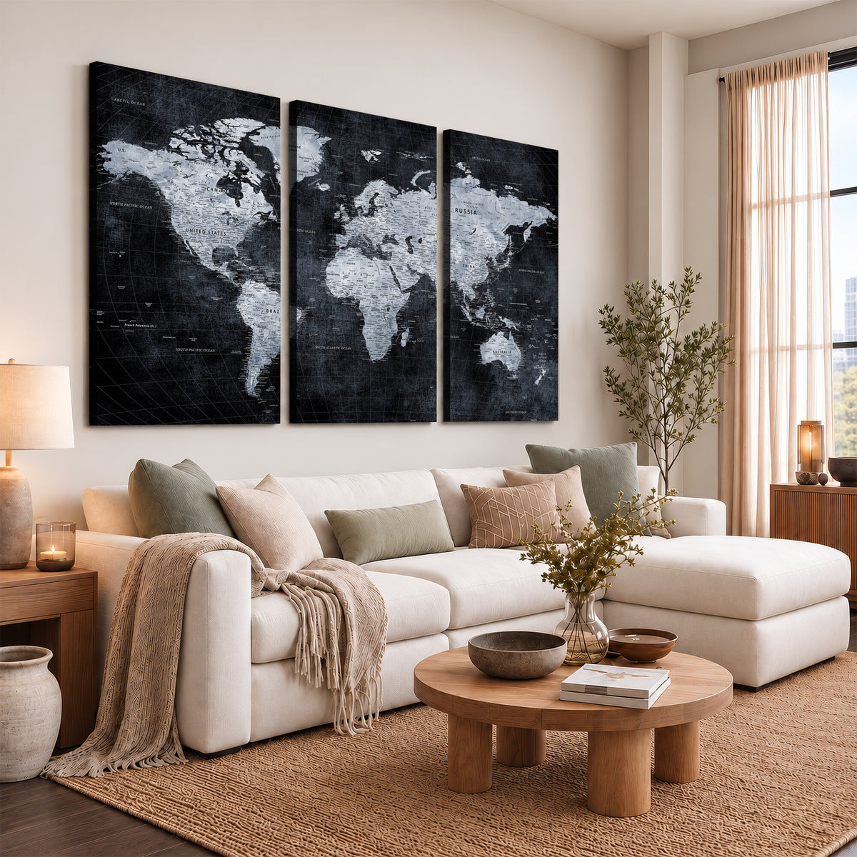 86893704-MGV-CV-36X24 - Black World Map Canvas Print | Detailed Map for Couples and Anniversary Gift