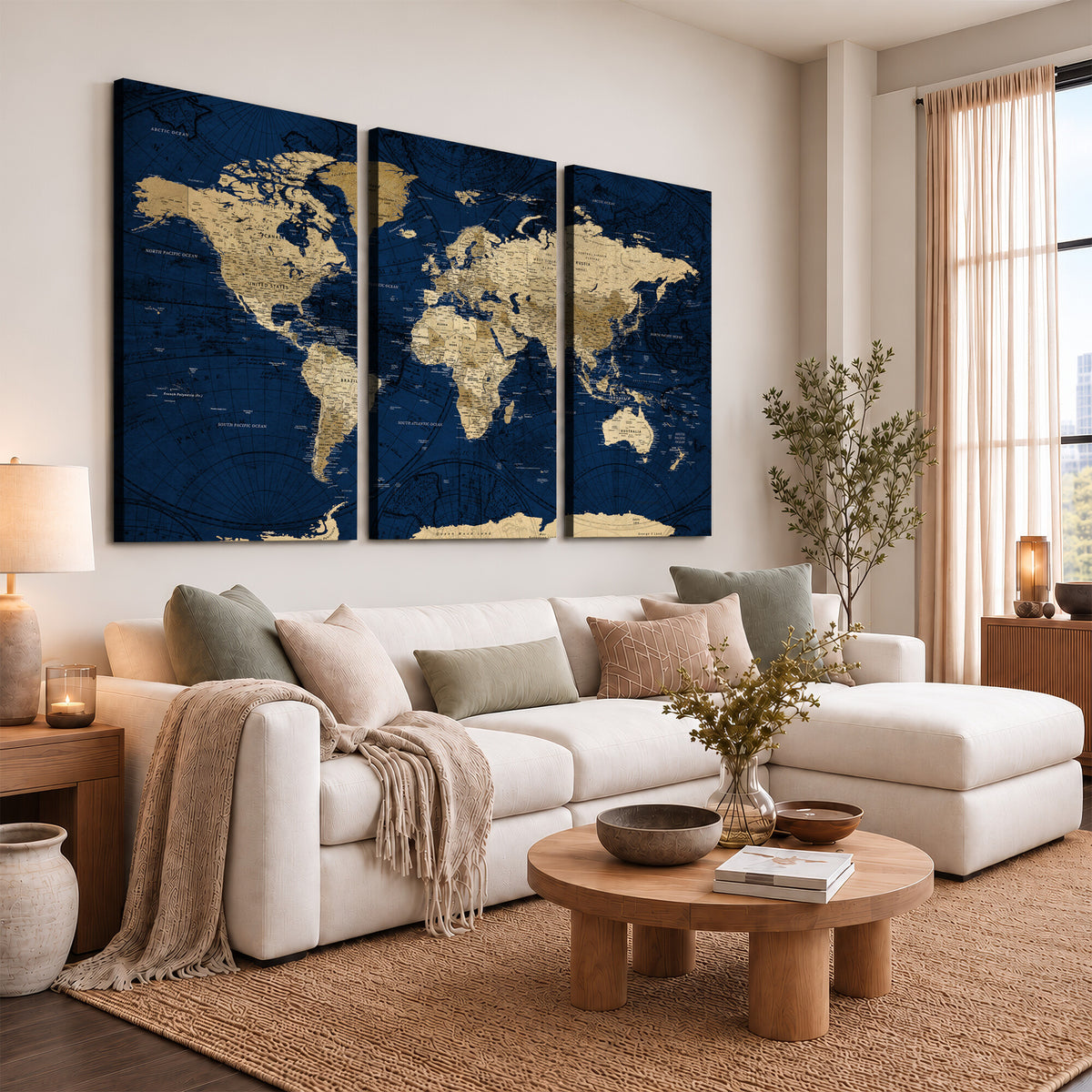 54770746-MGV-CV-36X24 - Navy Blue World Map Canvas Print – Detailed Map Minimal Navy