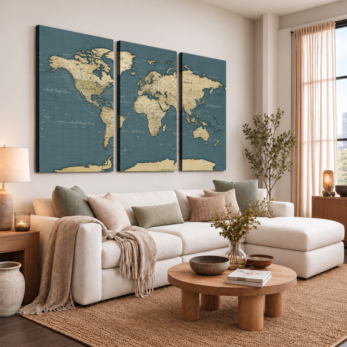 99599383-MGV-CV-36X24 - Minimal Vintage World Map Canvas Wall Art Print, Neutral