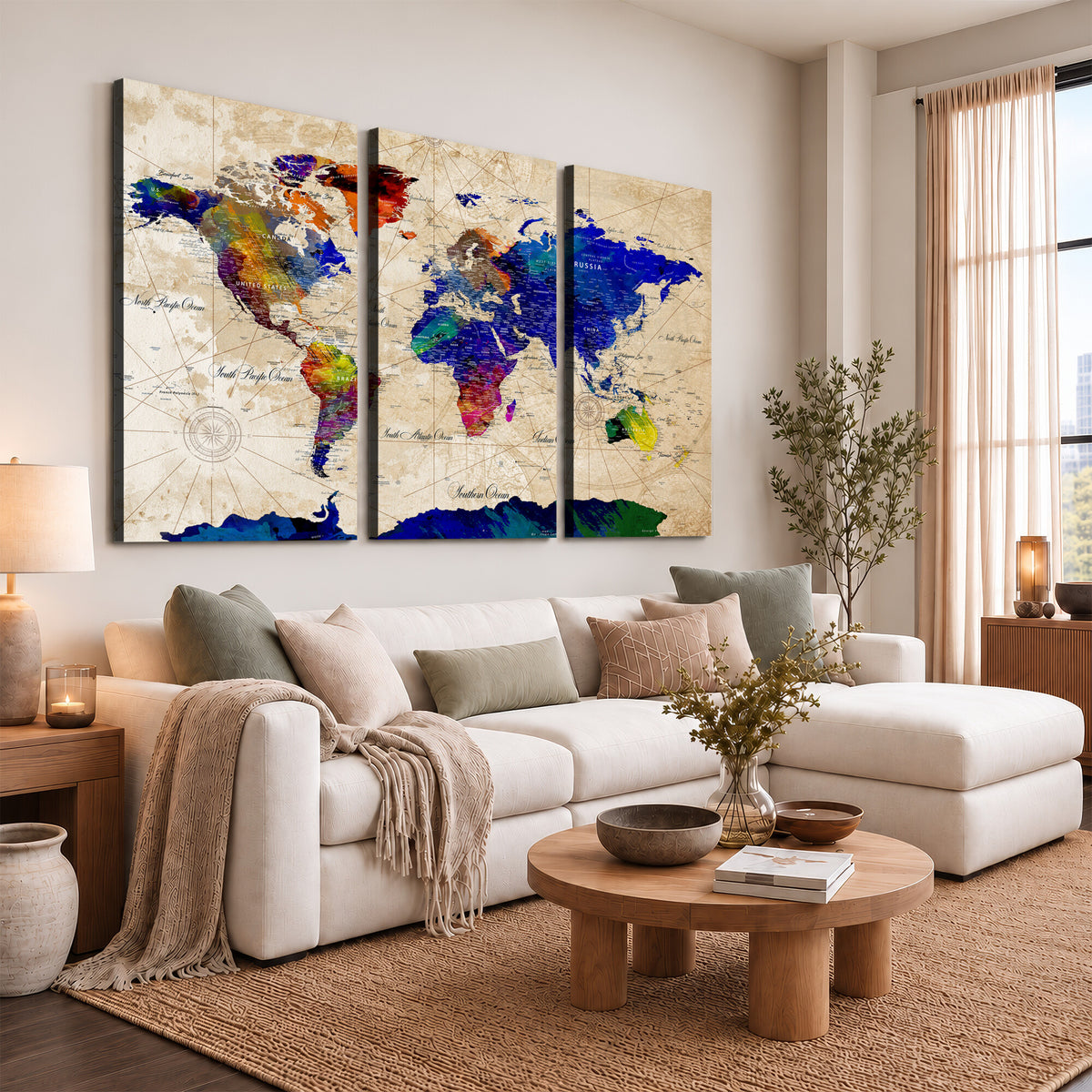 26284075-MGV-CV-36X24 - World Map Wall Art Canvas Print, Modern Decorative Framed Map Artwork Prints for Living Room, Office, Bedroom Wall Decor