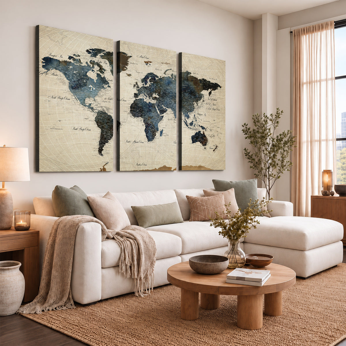72927803-MGV-CV-36X24 - World Map Wall Art Canvas Print, Modern Decorative Framed Map Artwork Prints for Living Room, Office, Bedroom Wall Decor