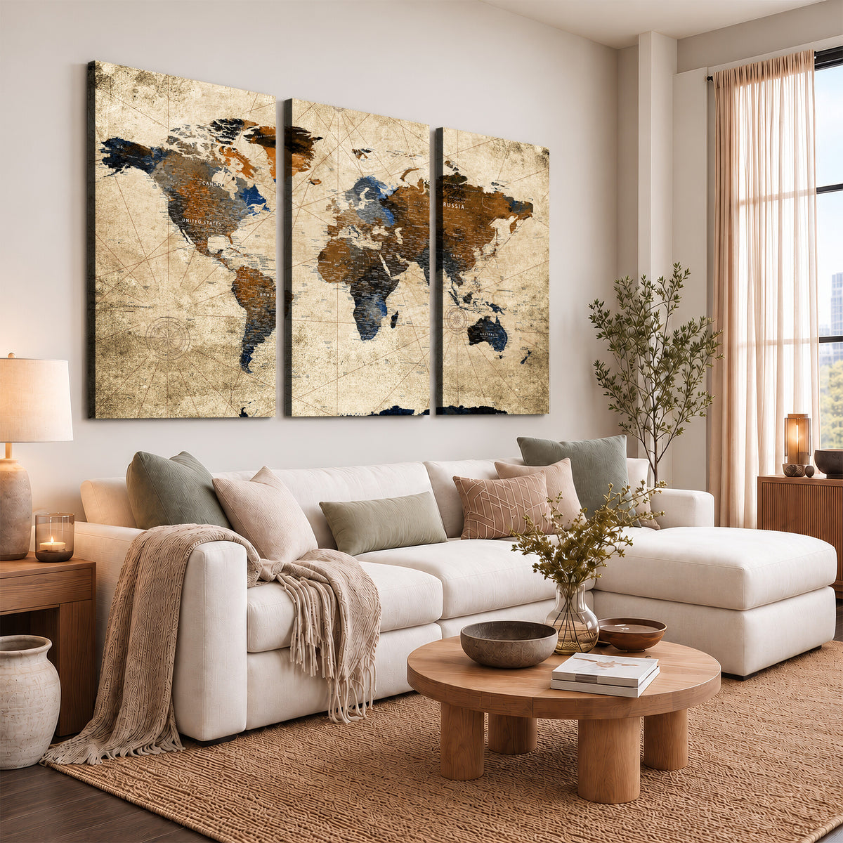 27163414-MGV-CV-36X24 - World Map Wall Art – Rustic Earth Tone Canvas Print, Antique
