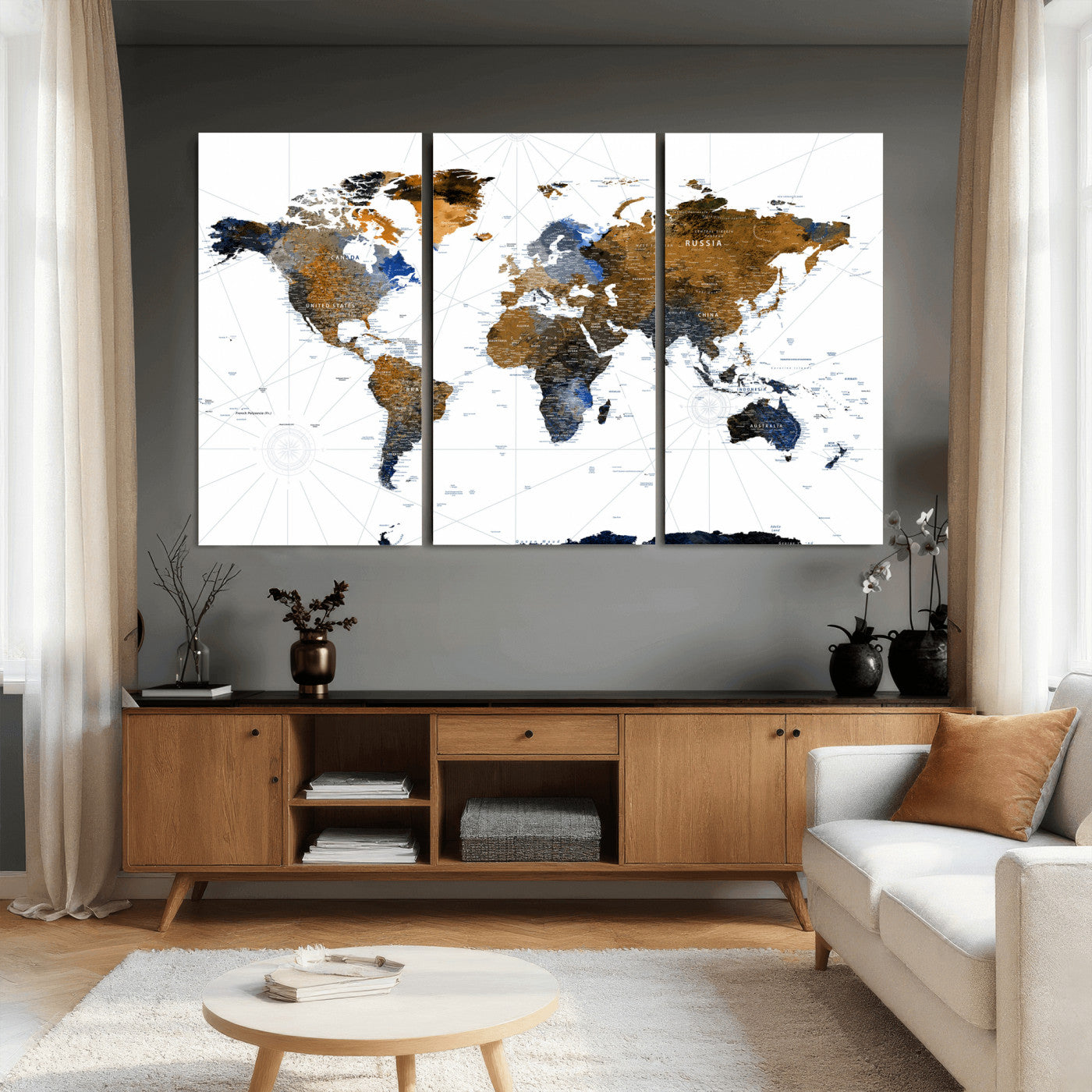 56364879-MGV-CV-36X24 - World Map Wall Art Canvas Print, Modern Decorative Framed Map Artwork Prints for Living Room Decor