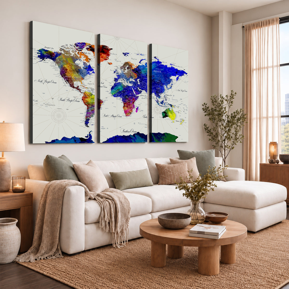 49670038-MGV-CV-36X24 - World Map Wall Art Canvas Print, Modern Decorative Framed Map Artwork Prints for Living Room, Office, Bedroom Wall Decor